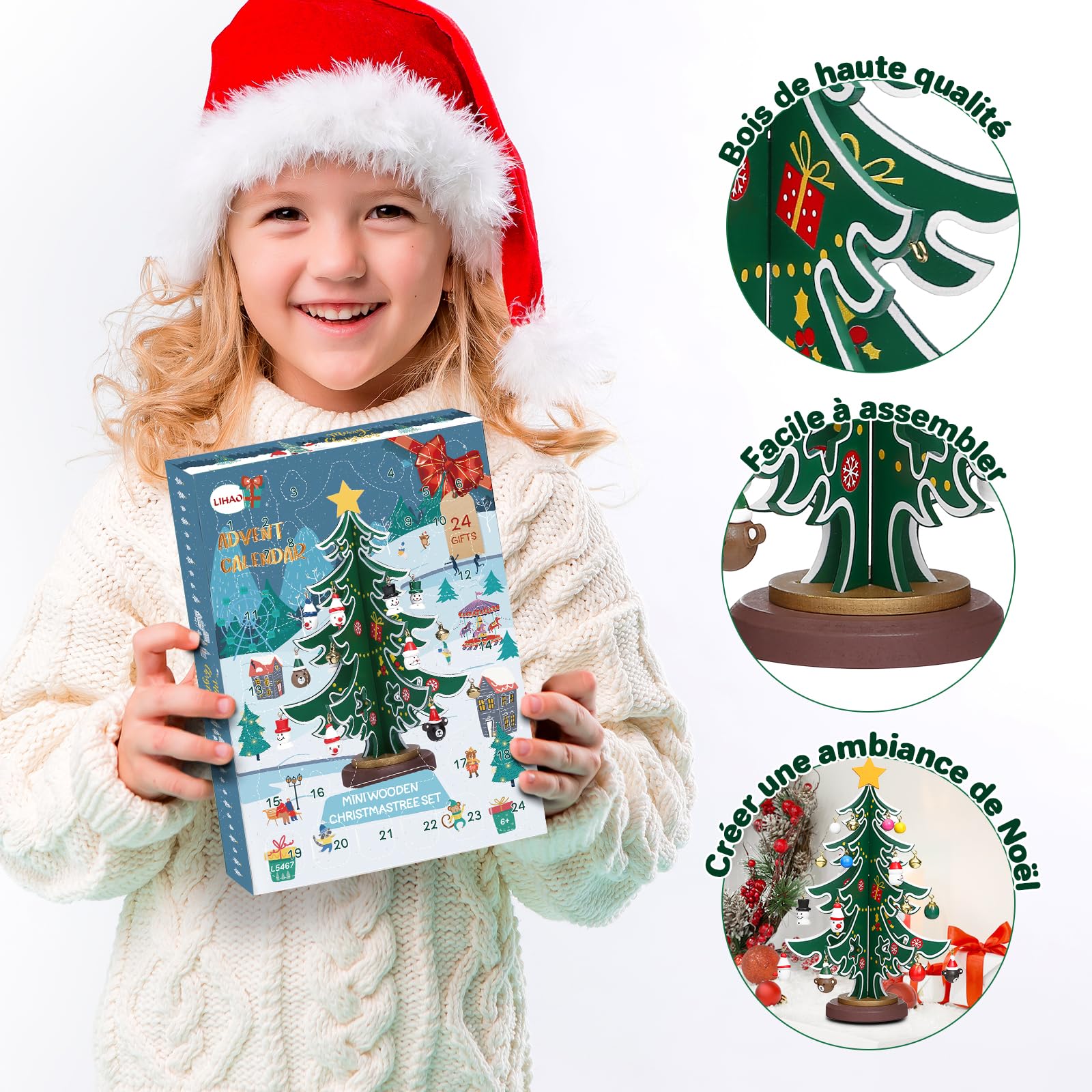 LIHAO Calendario dell'Avvento 2026, Mini Albero di Natale in Legno con 24 Ornamenti Pendenti Decorazione Natale Conto alla Rovescia DIY Regalo di Natale per Bambini Adulti