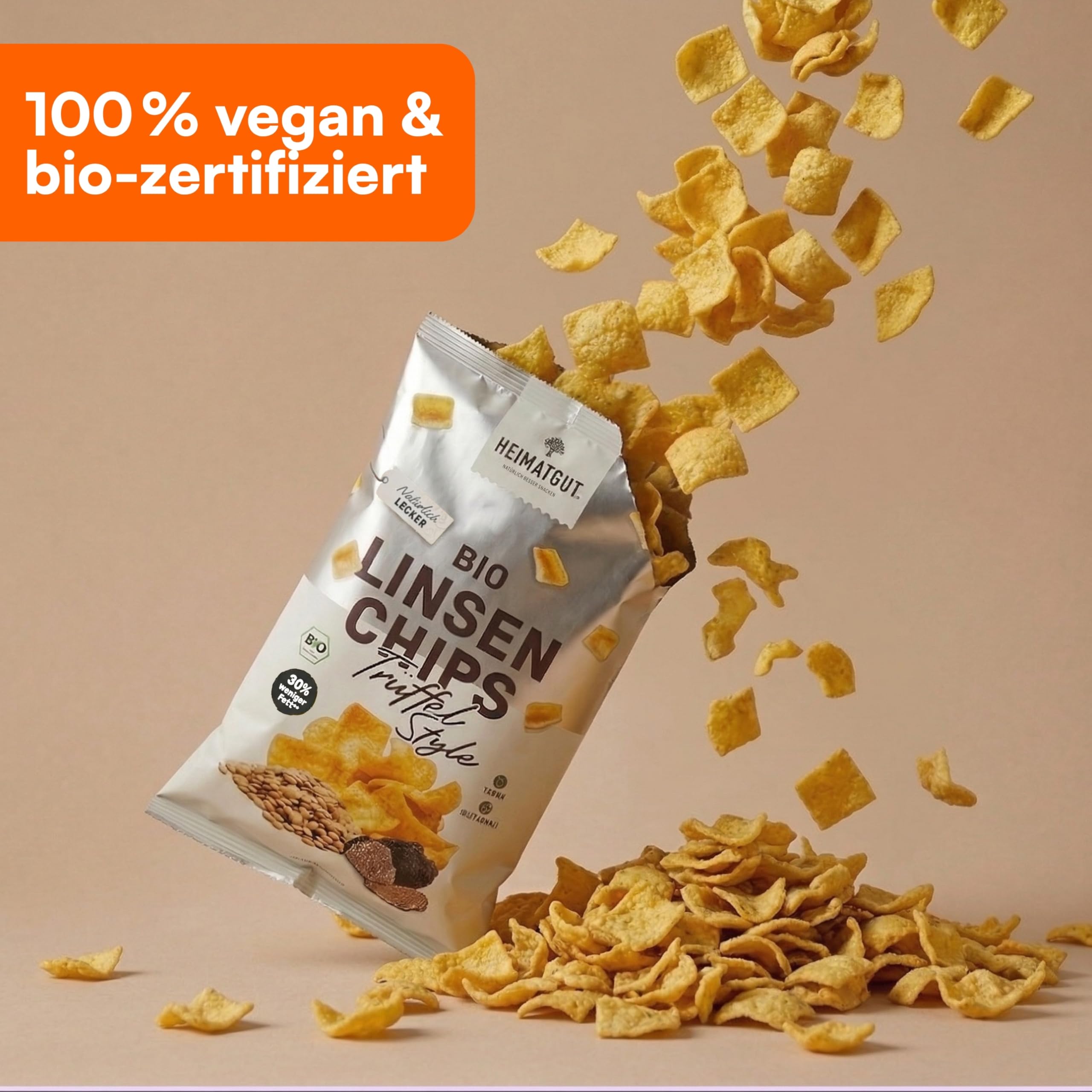 HEIMATGUT® Bio Vegane Linsen Chips Trüffel-Style | Ofengebackene Chips aus roten Linsen | Trüffel-Aroma | 30% weniger Fett | Proteinreich & glutenfrei | Ohne Zucker, Aromen & Zusatzstoffe | 12 × 75 g