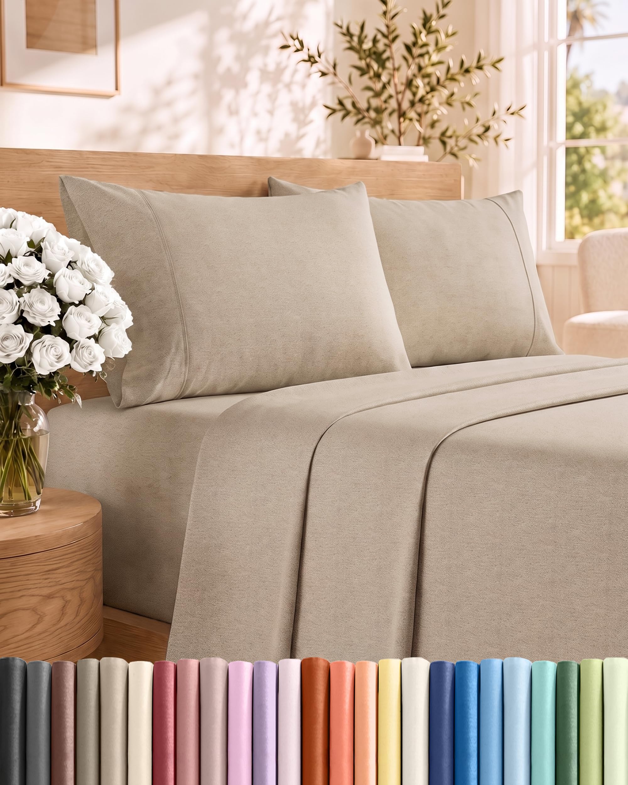 King Size 4 Piece Sheet Set - Breathable &amp; Cooling Sheets - Heathered Beige