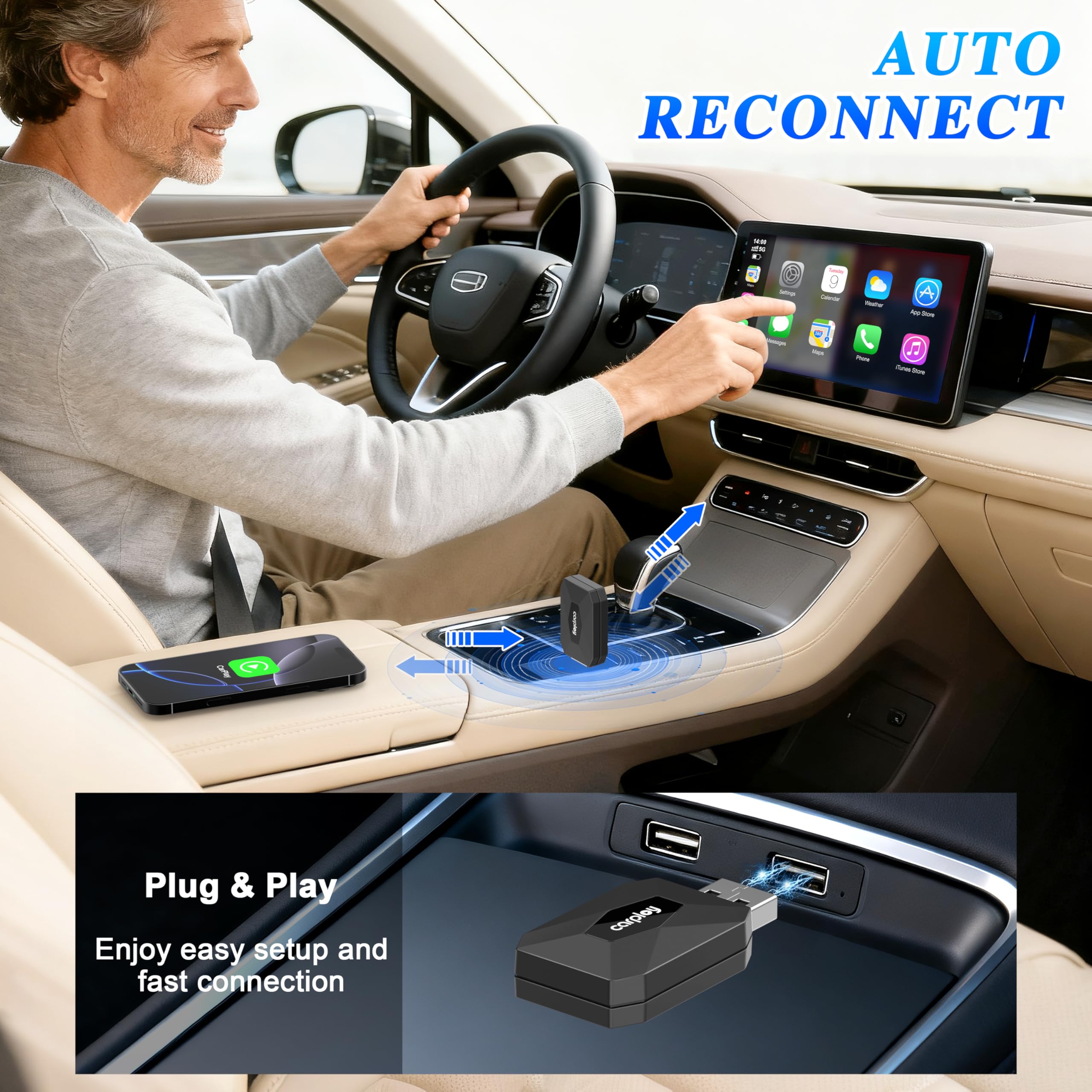 Wireless CarPlay Adapter, 2026 Upgrade 3X Schnelleres Auto-Verbindung & Keine Latenz, Plug & Play, Bluetooth 5.3 & WiFi 6, iOS 10+/Android 10+, 927+ Autos (Dual-System für Apple & Android, Schwarz)