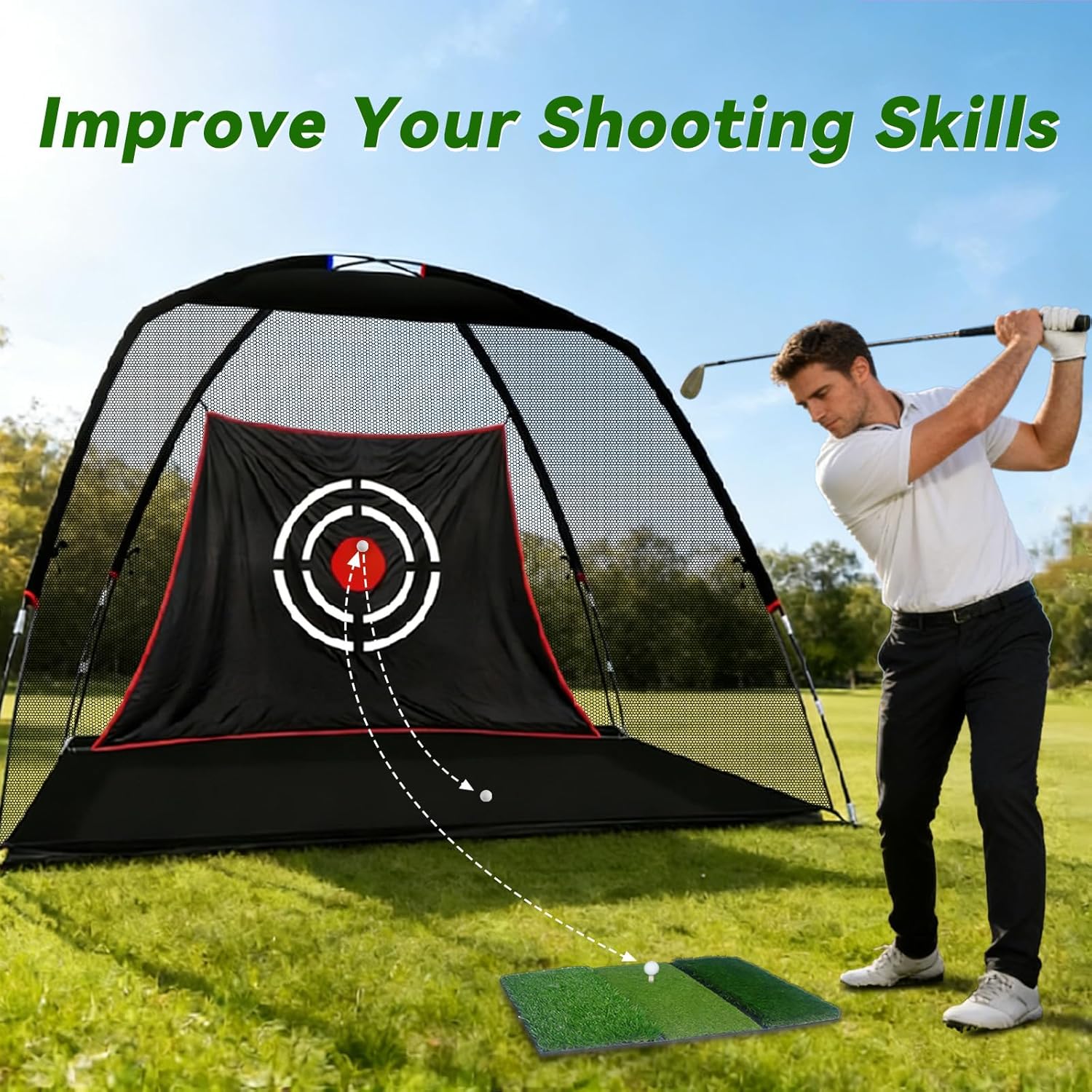 Golf Practice Net for Backyard - 12x7FT Heavy Duty Hitting Net with Tri-Turf Mat & Target for Driving Chipping Swing Training - All-in-One Indoor Outdoor System, Gift for Men Dad Him Golfer