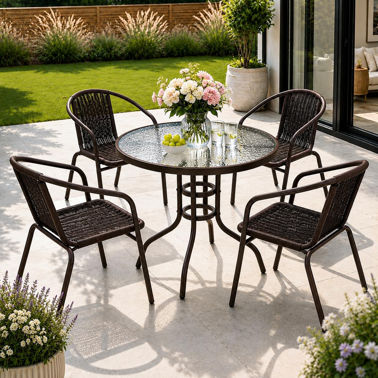 Emirates Living 5 Piece Outdoor Bistro Dining Set | 4 Chairs & Tempered Glass Table | Weather Resistant Garden Furniture Set for Patio, Conservatory & Outdoor Dining,Dark Brown — image 1