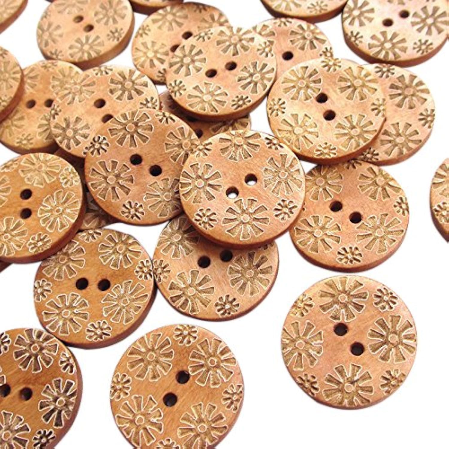 Chenkou Craft Brown Chenkou Crfat New Mix 50Pcs Carve Flowers Wood Sewing Buttons Bead 25Mm Craft