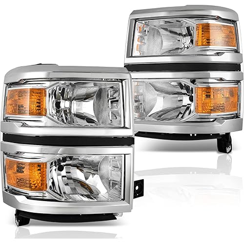 DWVO Headlights Assembly Compatible with 2014 2015 Chevy Silverado 1500 Pickup Replacement Headlamp Chrome Housing Amber Reflector Clear Lens