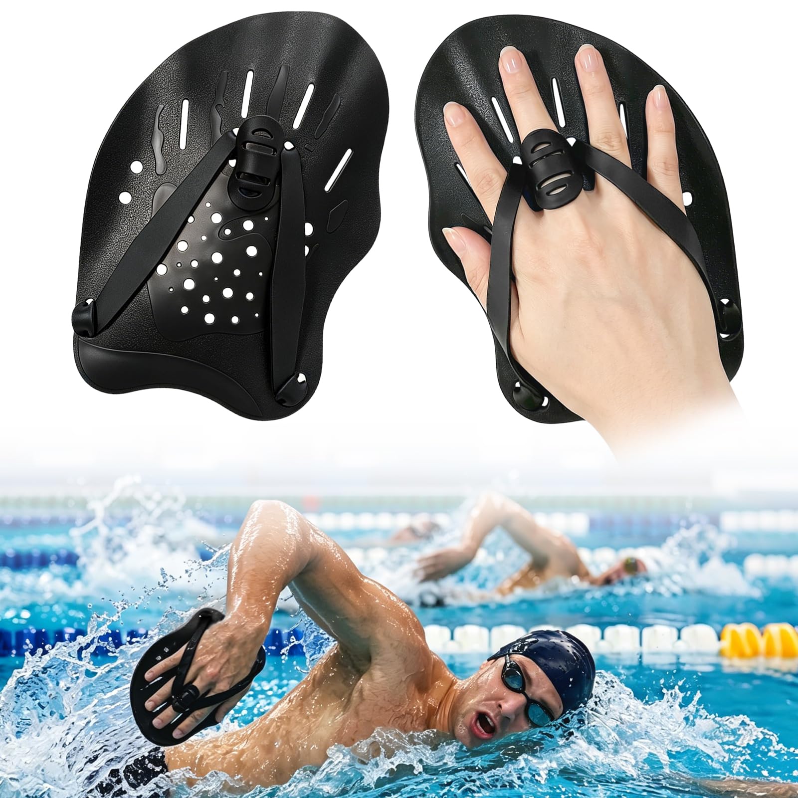 Palas de Natación para Adultos con Correas Elásticas, Entrenamiento de Fuerza en Piscina