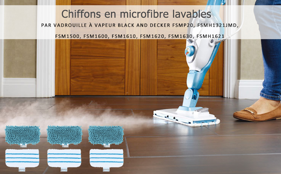 Lingettes Microfibre Pour Balai Vapeur Black & Decker - Lot De 6 Lavables - Compatible FSM1630 Etc.