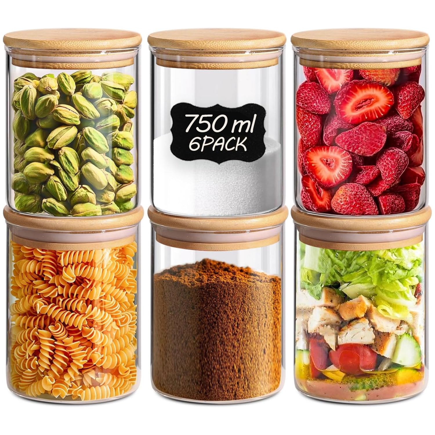 750ml Glass Food Storage Jars Set of 6, Clear Glass Storage Containers with Bamboo Lids, Pantry Organization Jar, Spice, Tea, Coffee and Sugar Container, Small Canister Set for Kitchen