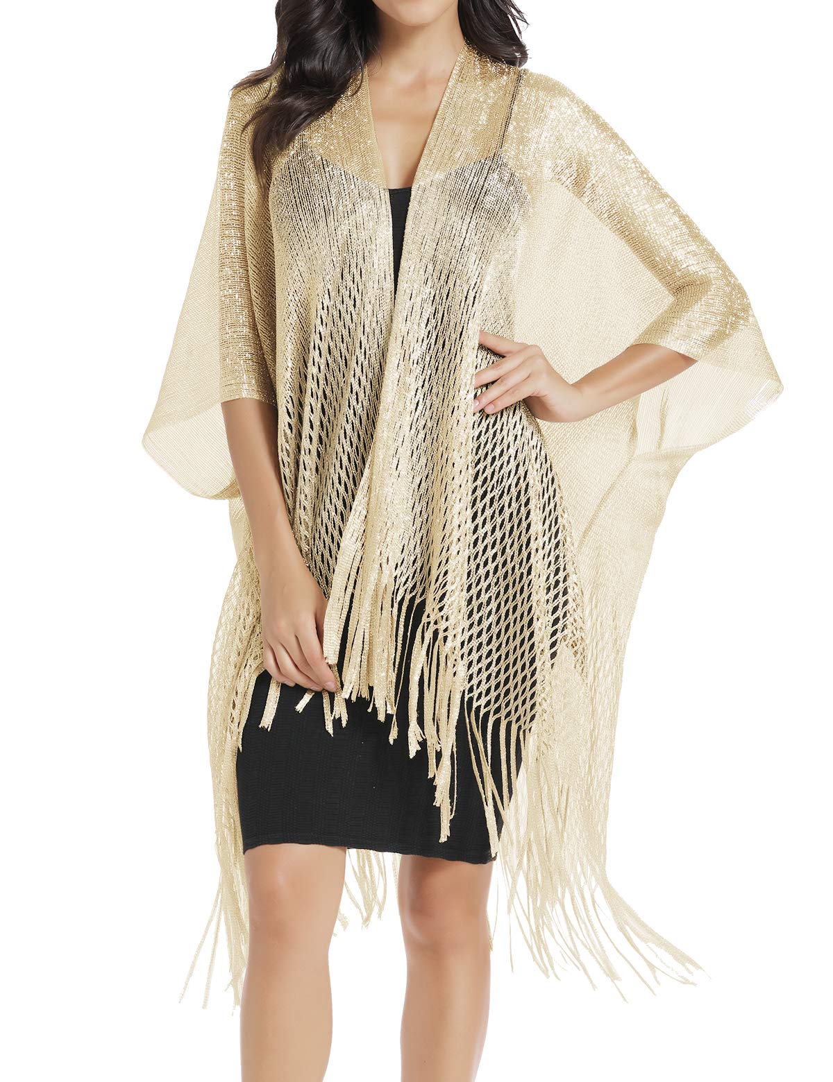 RheaneWomens Large Metallic Shawls and Wraps Kimono Cardigan, C. Champaign Gold, L