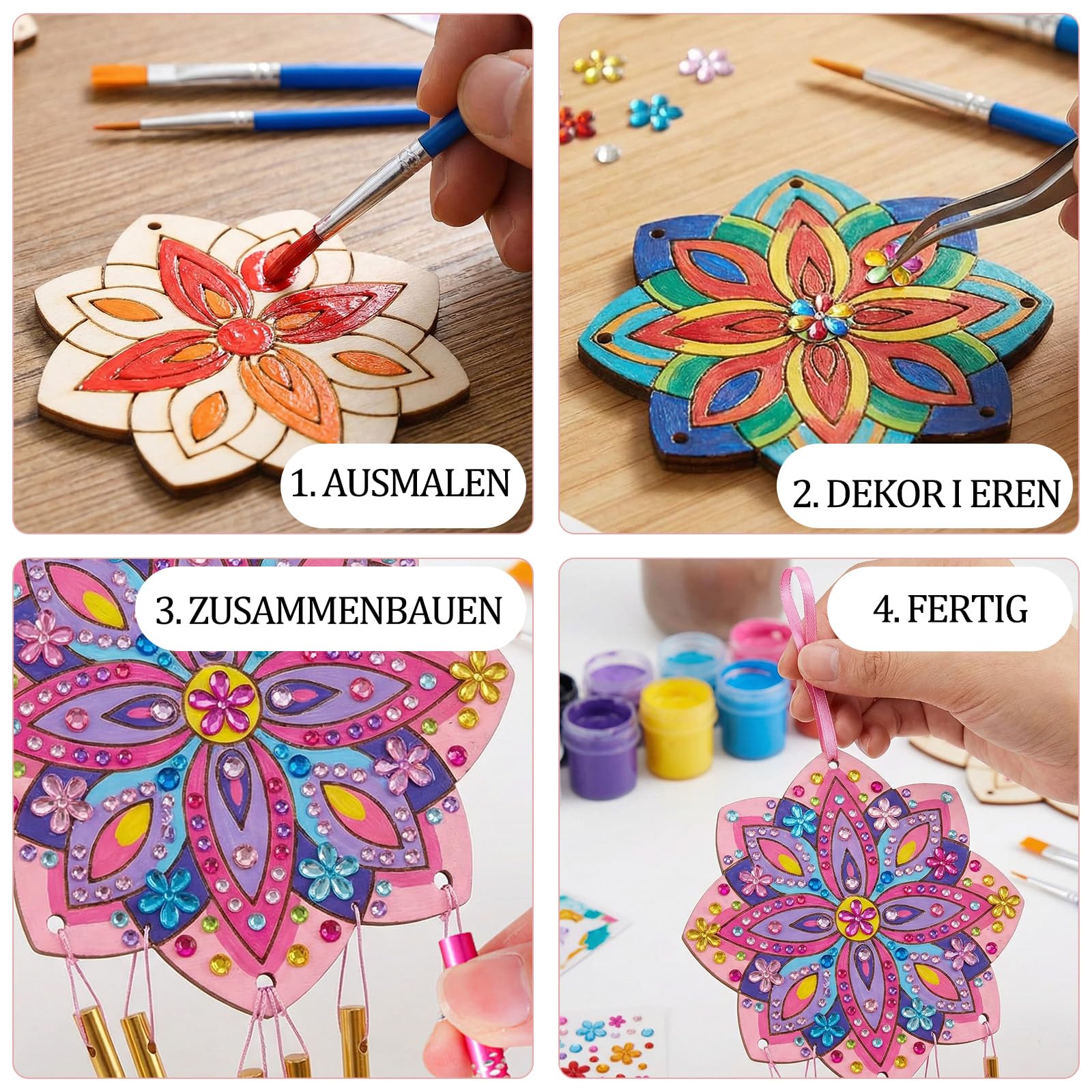 Juego de 10 carillones de viento para niños, manualidades, madera, carillones de viento para niños, mandala, juegos de manualidades de madera, decoración de jardín, creativos, para invitados, fiestas