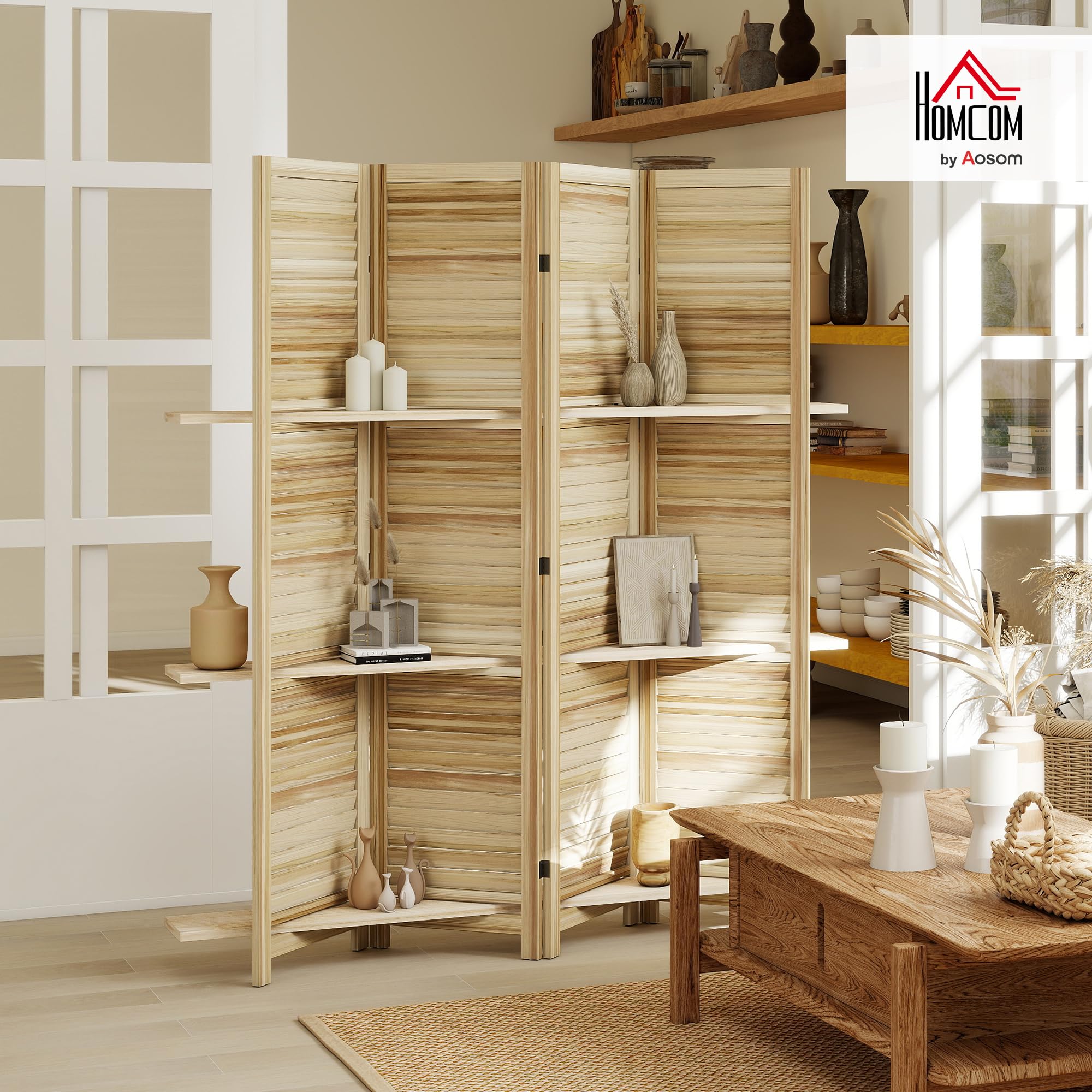 HOMCOM Paravent Intérieur en Bois 4 Panneaux 160 x 170 cm Bois Naturel | Séparateur de Pièce Pliable avec 3 Étagères, Cloison de Séparation, Salon, Chambre à Coucher, Maison