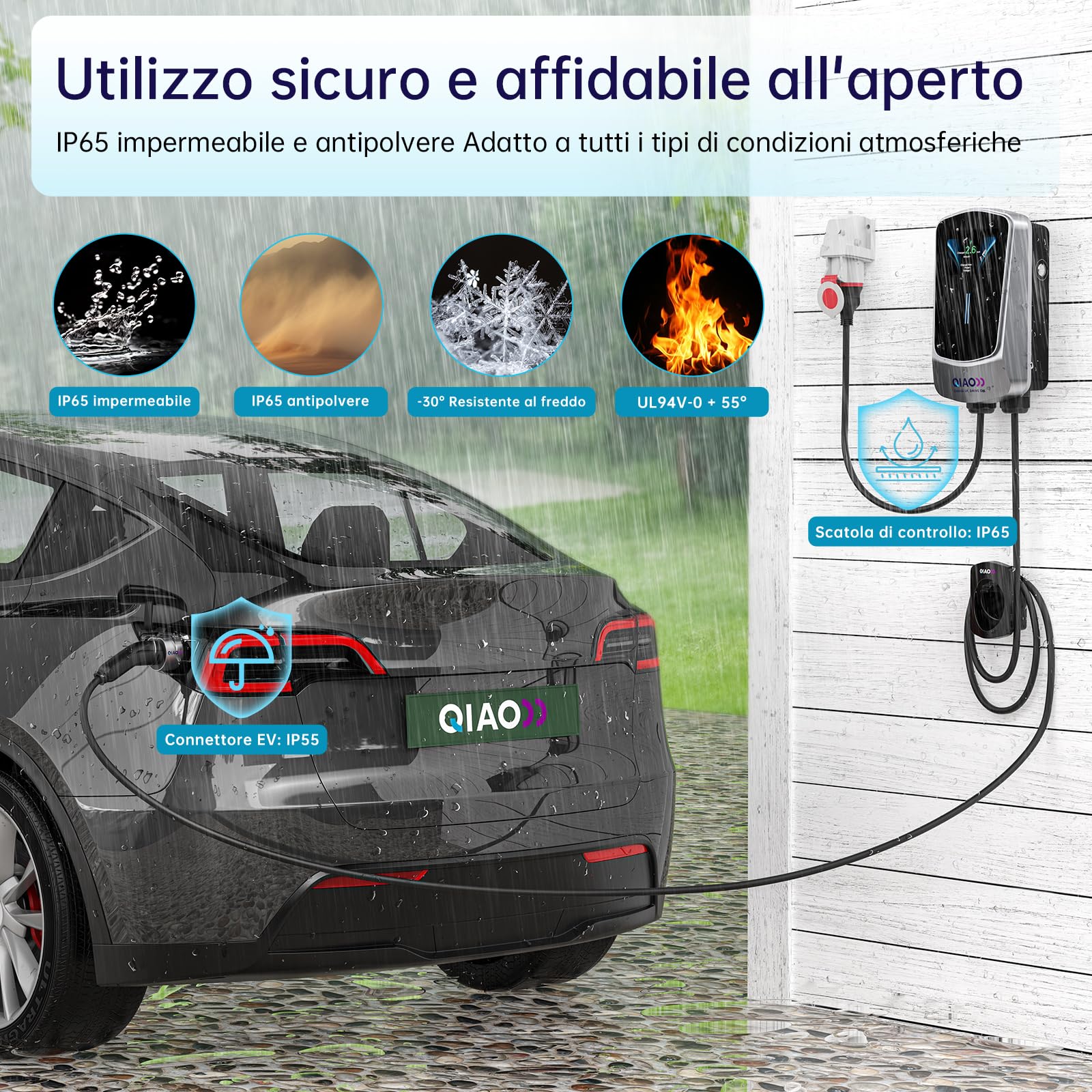 QIAO)) 11kW EV Charger Type 2, Wall Mount Electric Vehicle Charging Station with LED Display, IEC 62196-2 Home Wall Charger Type 2 to 3-Phae CEE Plug with Cable Holder (11kW 7M LCD Display)