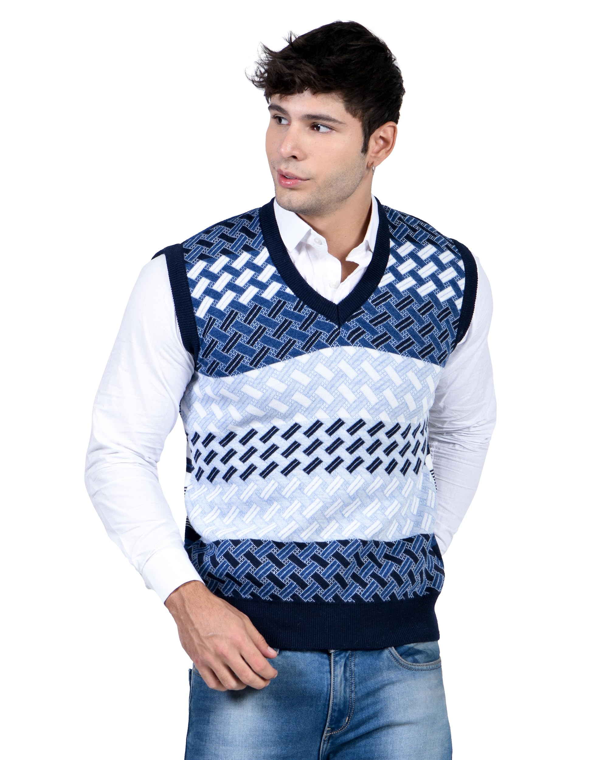 Men Woolen V-Neck Printed Design Sleeveless Pullover Heavy Rainbow Fabric Winter Wear Pure Wool Cardigan for Men Fully Warm Pullovers Free Sizes