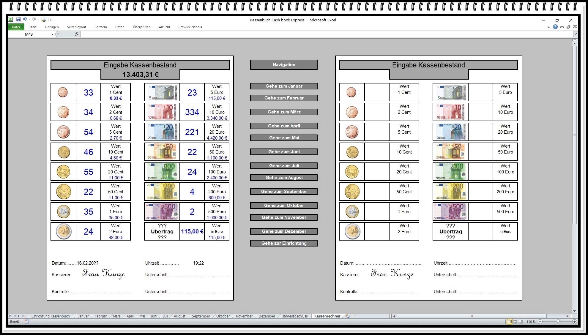Elektronisches Kassenbuch-Software zur Berechnung von Einnahmen-Ausgaben-Überschuss Excel App auch 5% ud 16% MwSt