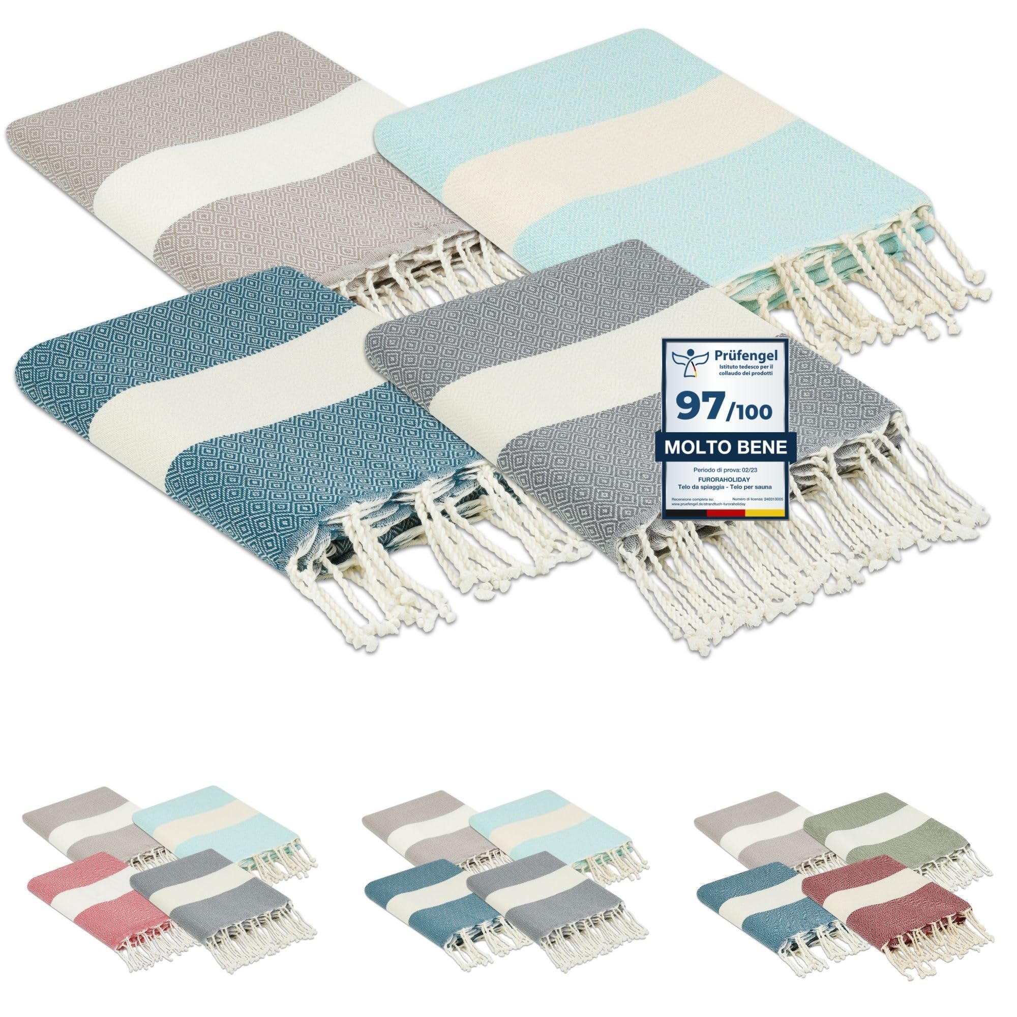 furora HOLIDAY Telo Mare (4 pezzi) Grande, cotone 100x200 cm | Telo Spiaggia antisabbia | Asciugamano Mare Fouta, frange e angoli, Pareo Donna Uomo Ragazzi | Pic Nic Beach Towel Coperta, lungo leggero