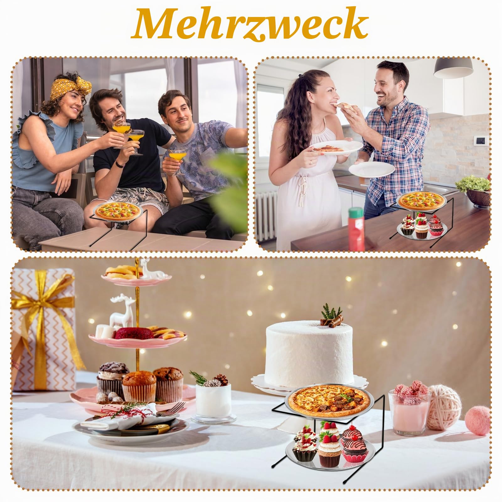 12 Teiliges Pizza-Pfannenständer Pizzablech Set beinhaltet 4 Metall Pizzaständer und 4 Pizzablech (30 cm) Edelstahl-Kuchenservierer für Geburtstage, Partys, Feiertage, Bankette
