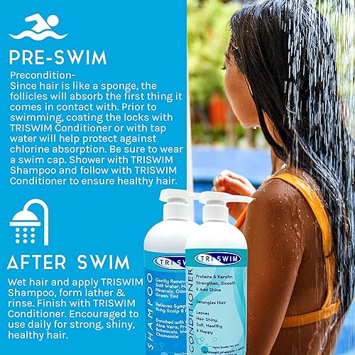Miniatura 3 de TRISWIM Paquete de cuidado del cabello con champú y acondicionador de natación, 32 onzas líquidas cada uno, repara tu cabello dañado por cloro y