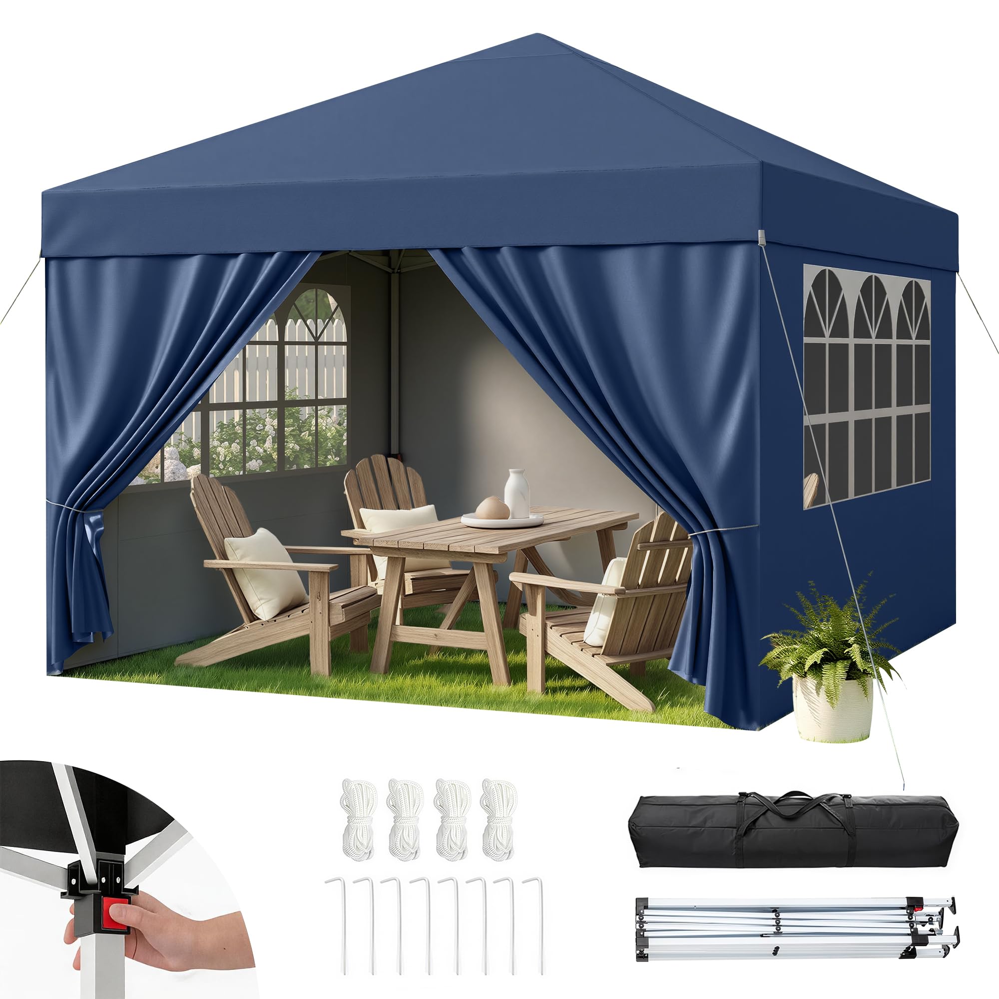 Hawthyhome Pavillon 3x3 Wasserdicht Stabil Winterfest, Faltpavillon 3x3 mit 4 Seitenteilen, Pop Up Pavillon UV Schutz 50+, Höhenverstellbar Partyzelt Gartenpavillon Für Outdoor, Blau Mit Seitenwänden