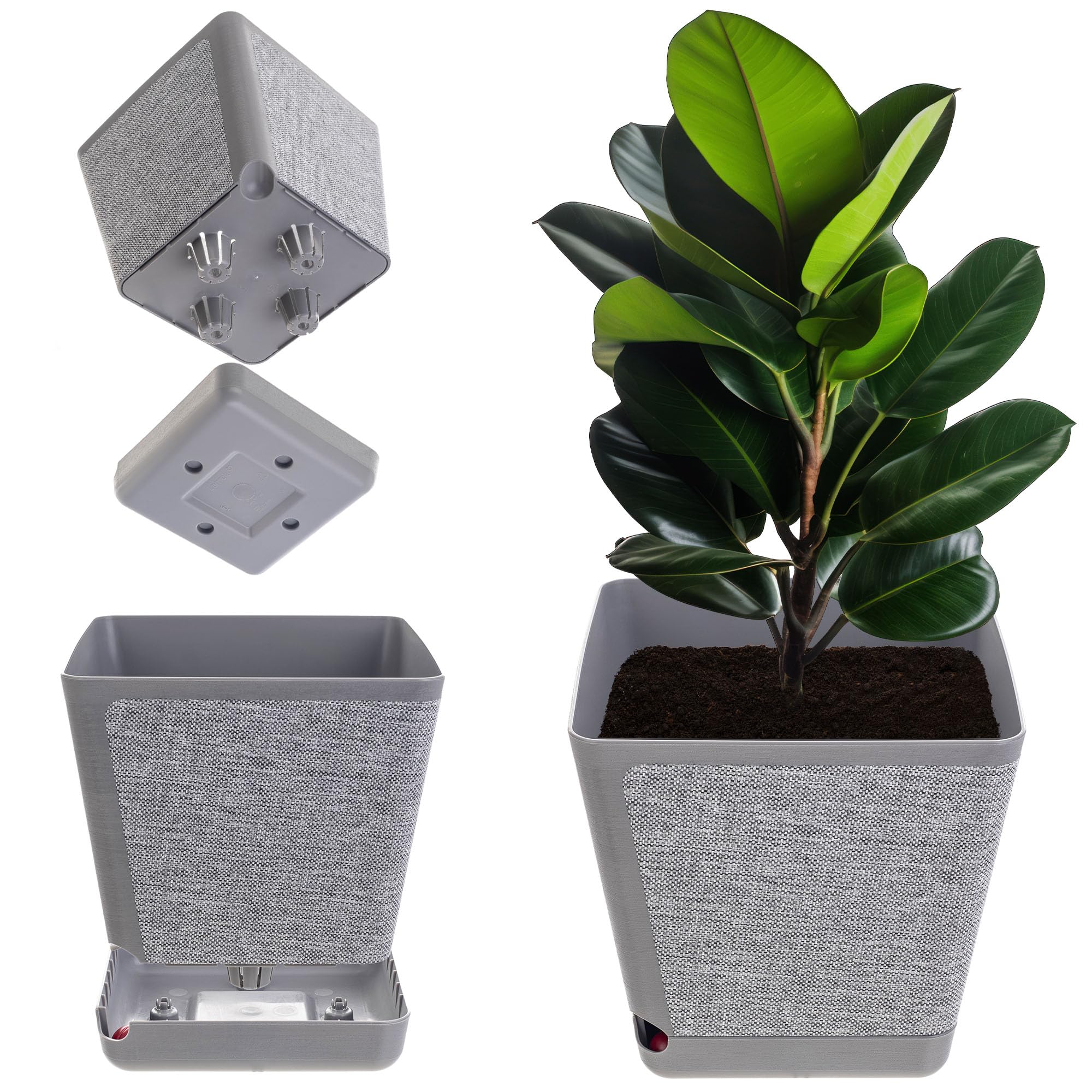 KADAX Macetero decorativo, maceta de plástico, maceta rectangular con sistema de riego, maceta con autoriego y almacenamiento de agua (mezcla gris 24 cm)