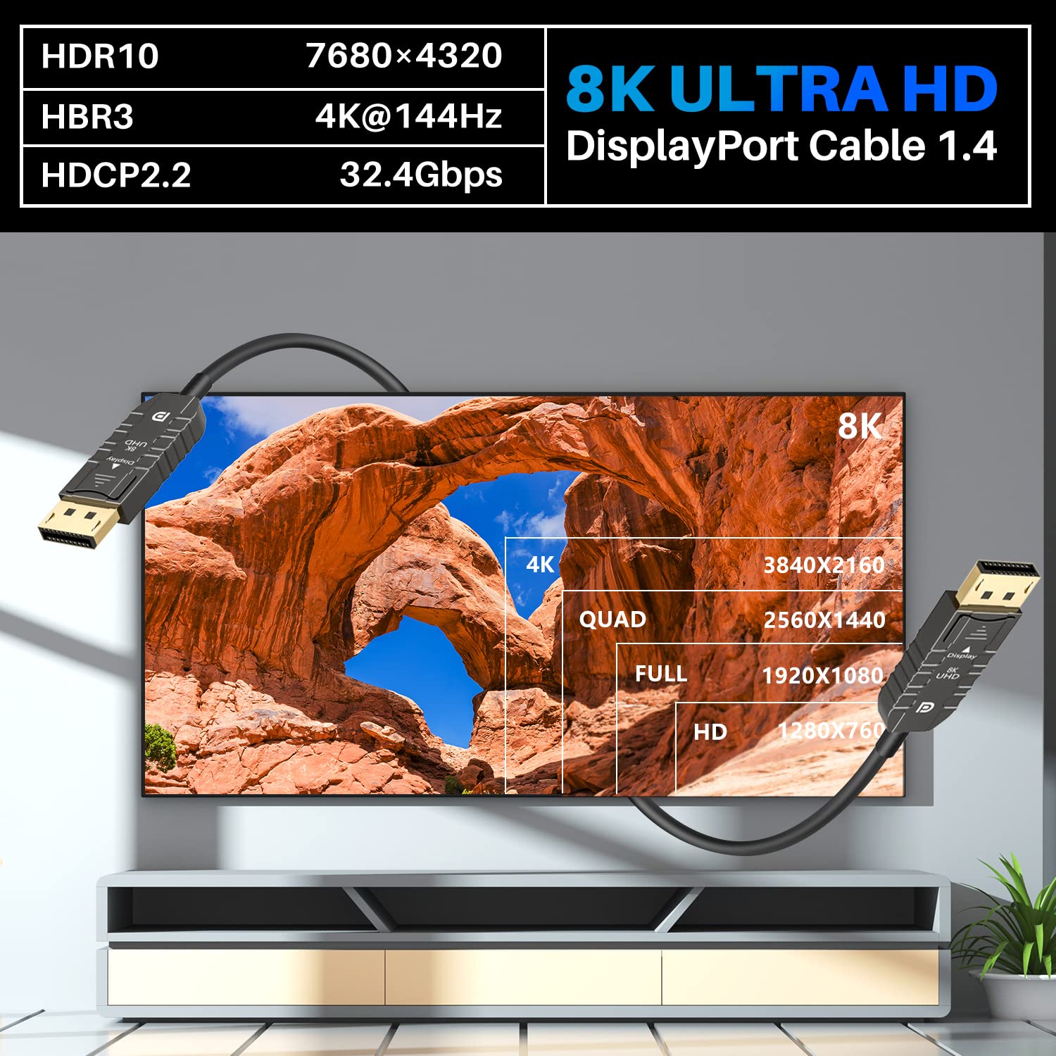 Comprar Cable DisplayPort de 2 m, 40 Gbps, 10K, 8K, 4K, DP v1.4 v1.2