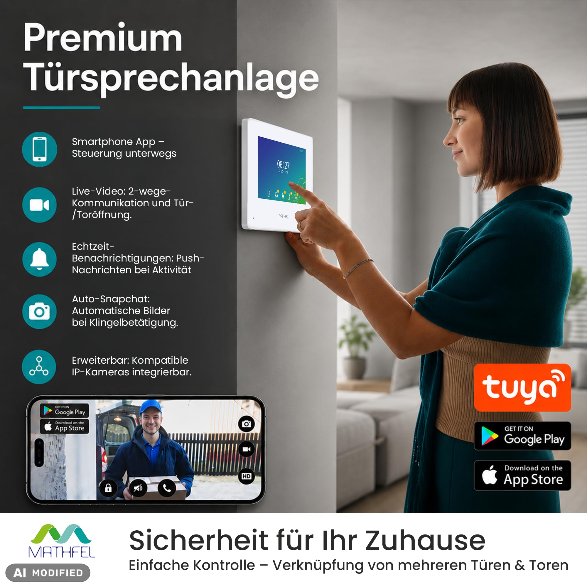 MATHFEL 2-Draht-Bus Video-Türsprechanlage – 3-Familienhaus, 170° Weitwinkelkamera, 3X 7-Zoll Touchscreen-Monitor, RFID, Anthrazit Außenstation, WLAN-App und IP65 wetterfest