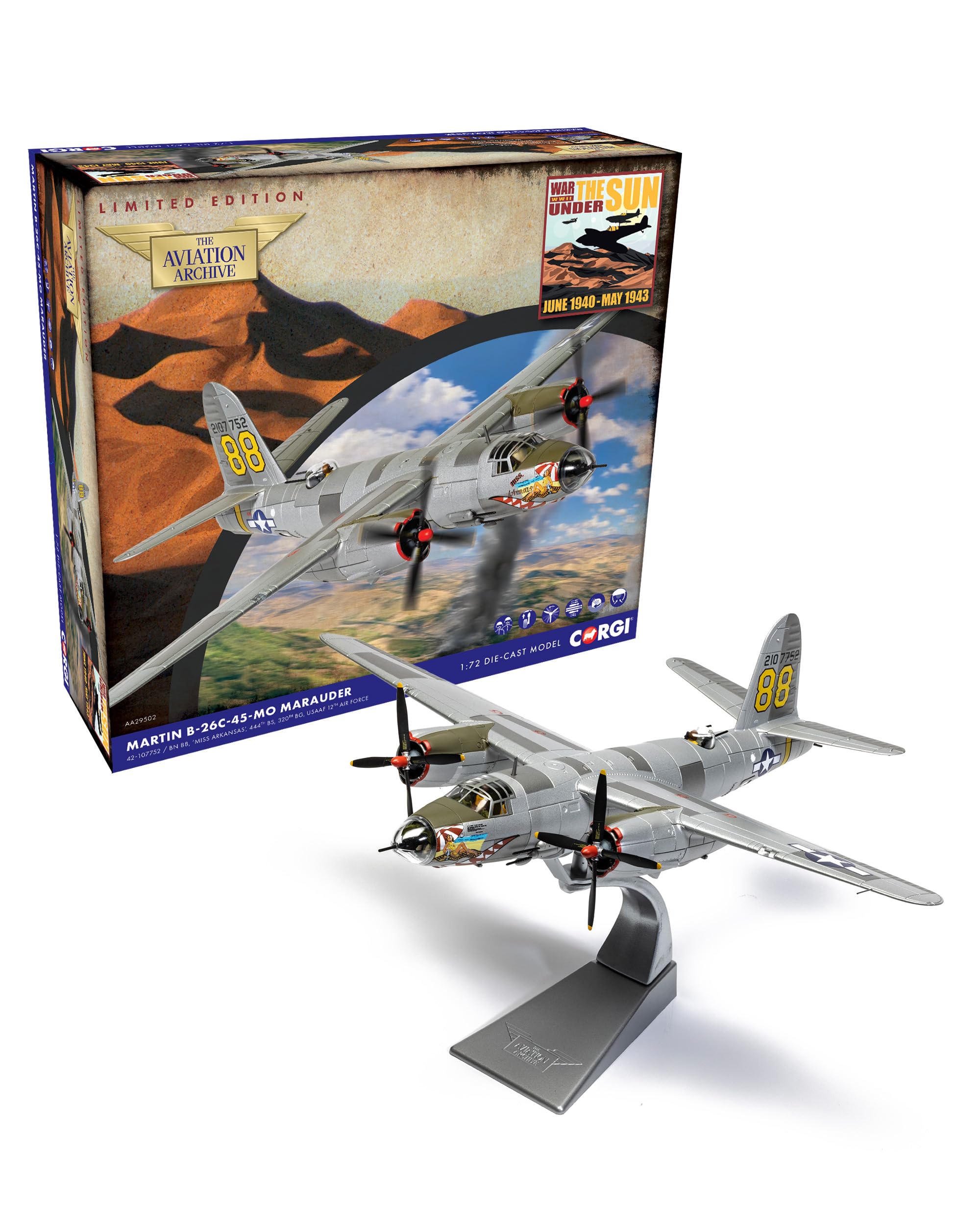 Corgi AA29502 Martin B-26C-45-MO Marauder, 42-107752 B/N 88 'Miss Arkansas, 444th BS / 320th BG USAAF, Sardinia, August 1944, Die-cast model for adults and collectors