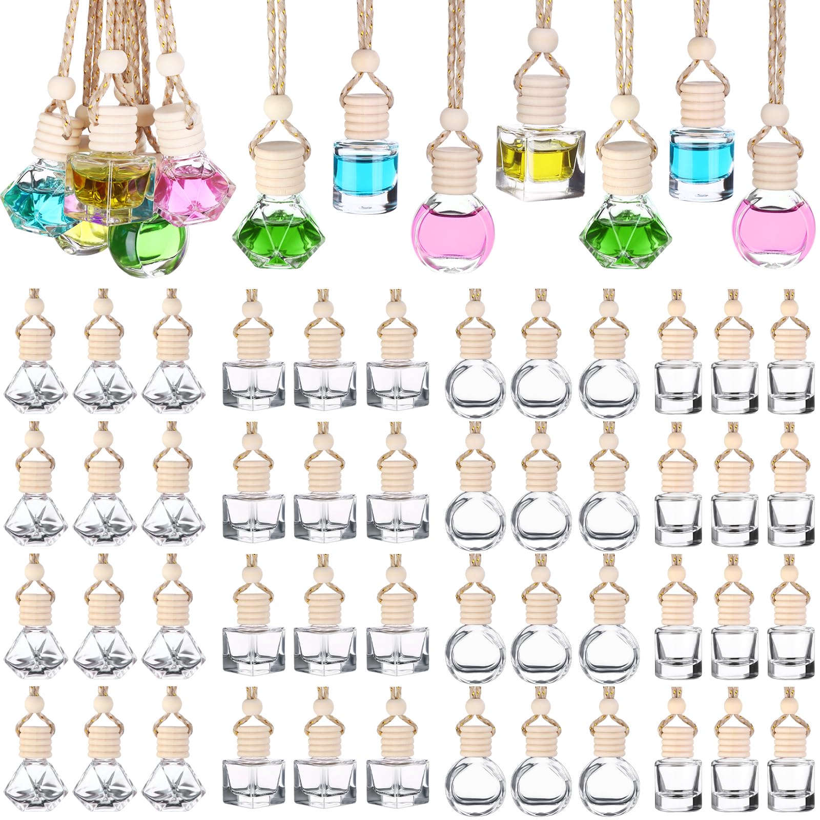 60 Pcs Hanging Car Air Freshener Car Diffuser Bottle Empty Glass Perfume Bottles Air Freshener Diffuser Bottle Pendant for Essential Oils Fragrance Aromatherapy Ornament Decor (Various Style)