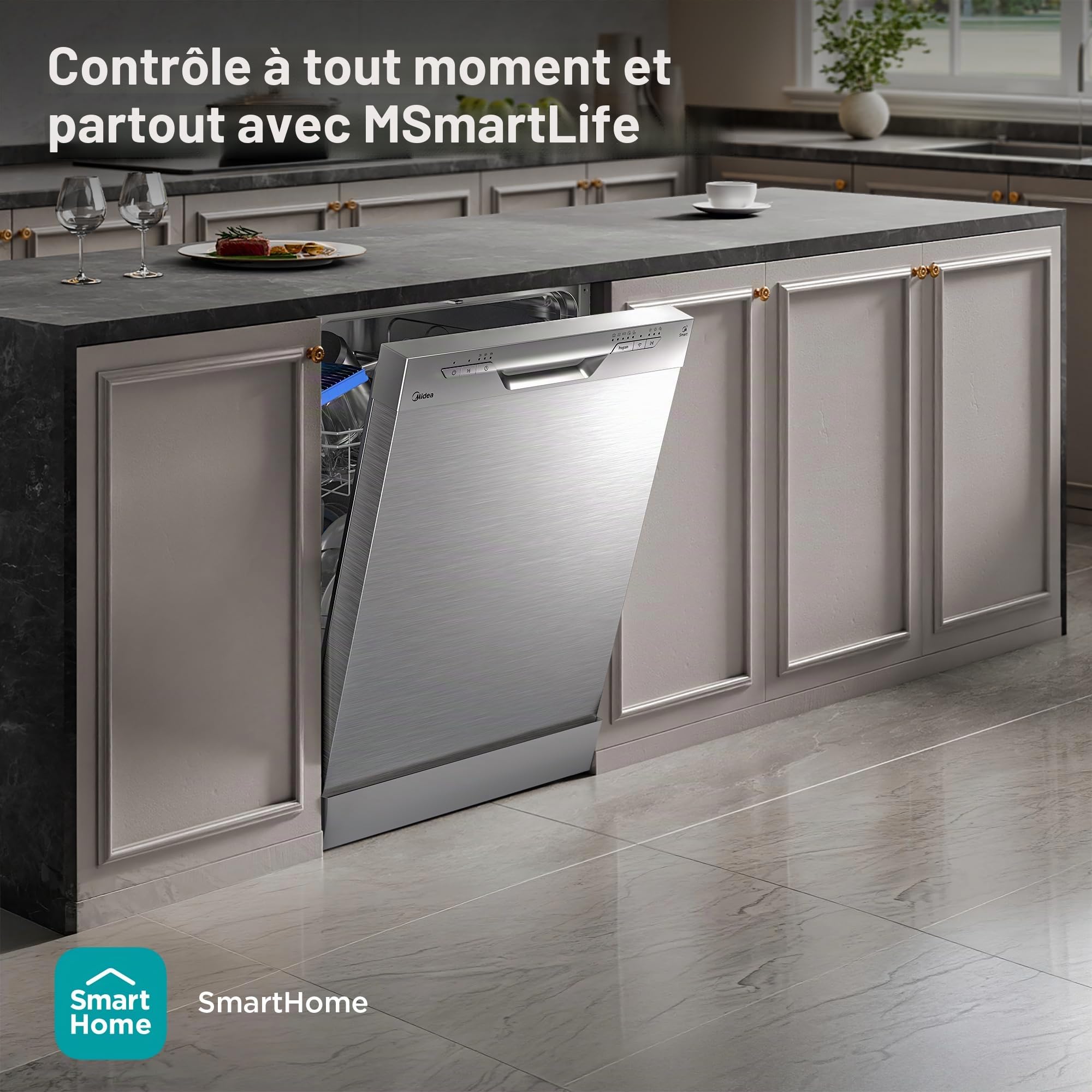 Midea SF 3.60N PRO Lave-vaisselle, 14 places, Lave-vaisselle avec WiFi, Autonome, 5 modes de nettoyage, 47 dB, 3/6/9 h, pré départ différé, inox