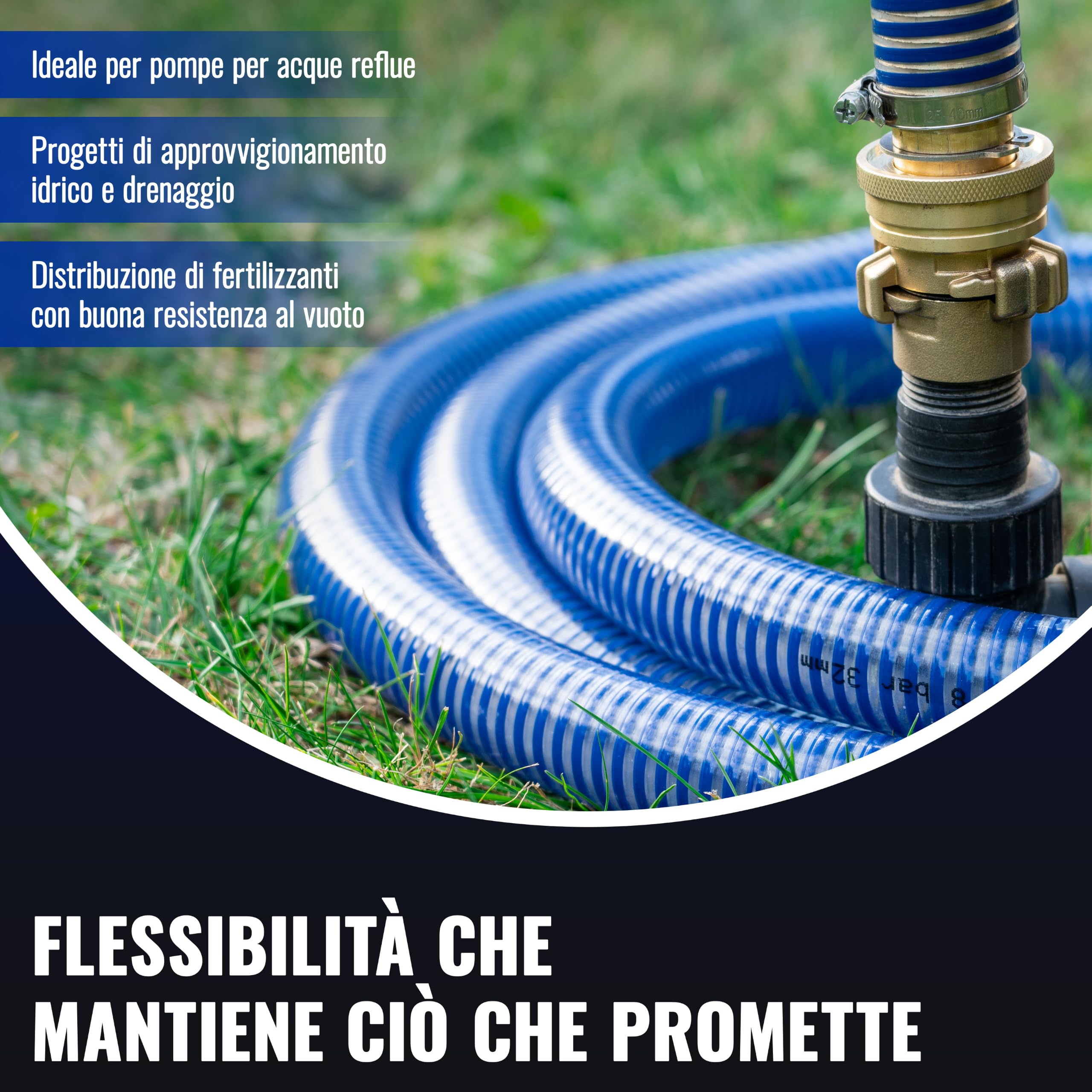 Poppstar PVC Tubo di aspirazione per acqua con spirale 1" (25m diametro interno 25mm/diametro esterno 32, fino a 8 bar) resistente a raggi UV, al vuoto e alla pressione