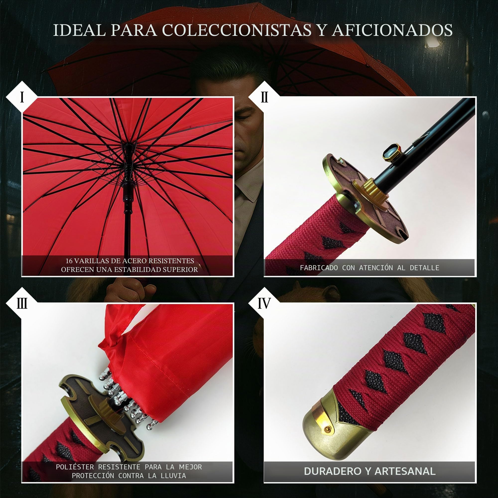 Swords and more Paraguas One Piece, versión premium de 16 K, grande, Katana Samurai, espada, paraguas resistente a las tormentas con mango largo