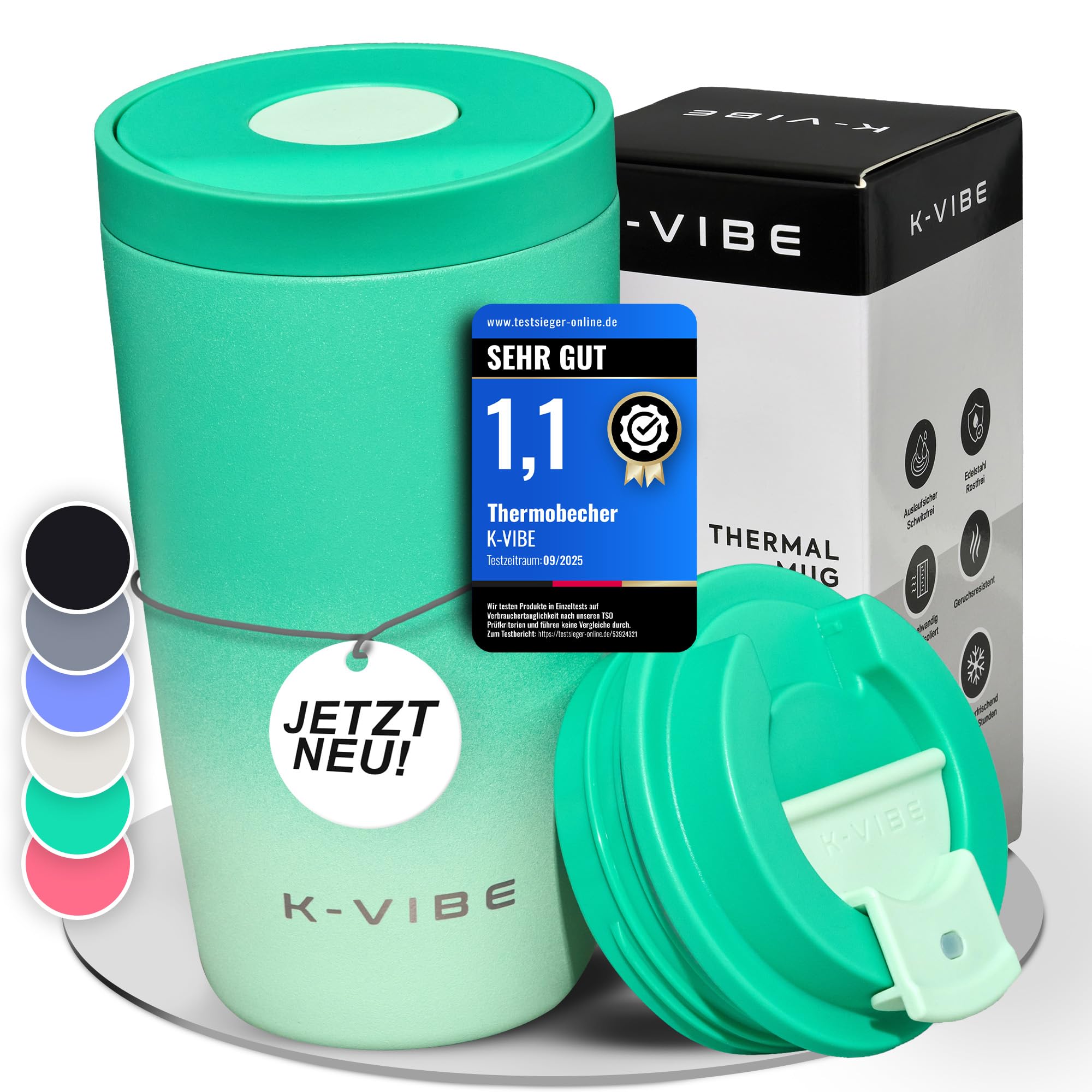 Thermobecher 350ml auslaufsicher - Thermo-Kaffee-Becher mit Quick-Press Deckel | rutschfester Boden, BPA-freier Isolierbecher Coffee-Cup to Go | Kaffeebecher für Büro, Auto, Uni & Alltag | K-VIBE