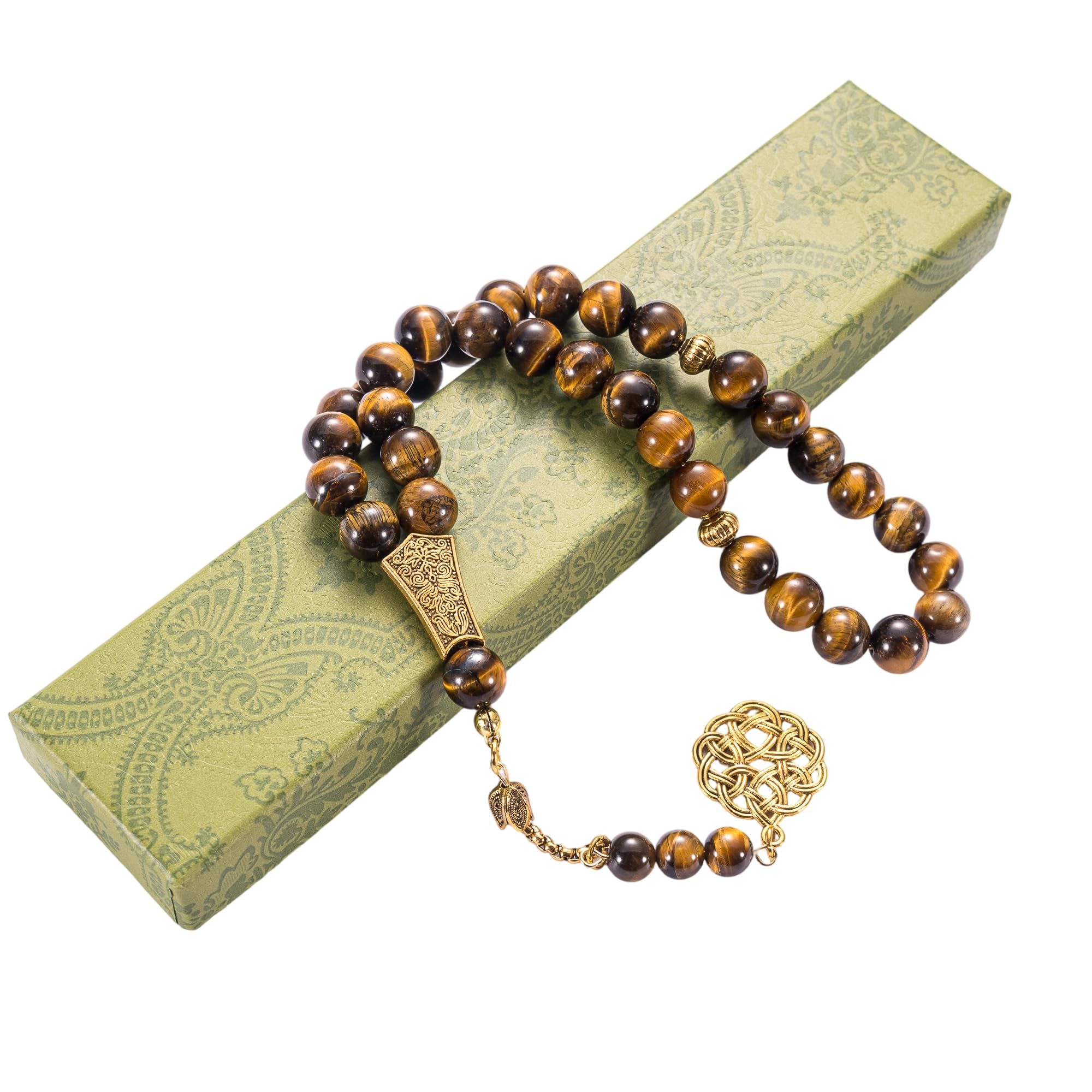 Natural Yellow Tiger Eye Tasbih | 33 Beads Polished Tiger Eye Misbaha with Gold-Tone Accents | Handmade Prayer Beads for Daily Use & Calm Focus | Elegant Gift for Men | Ramadan, Eid & Birthday