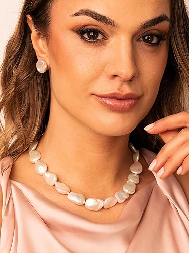 Vista 2 de Secret & You Collar de perlas cultivadas de agua dulce para mujer, forma de moneda barroca de 17.7 in de largo, grandes perlas barrocas