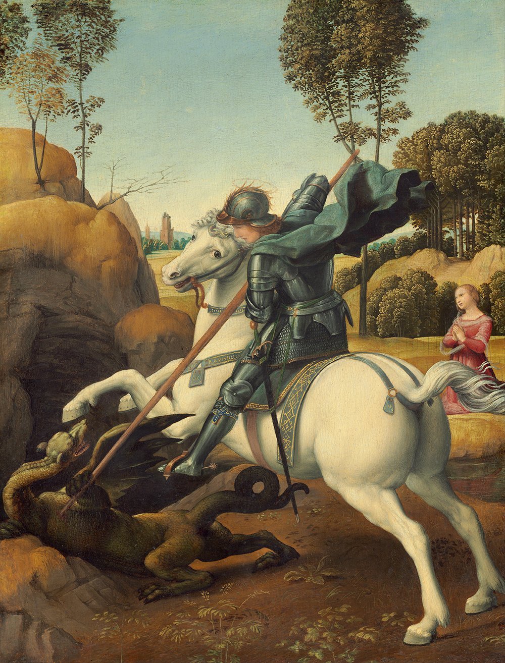 Impresión artística de San Jorge y el Dragón de Rafael, lámina mate de alta calidad