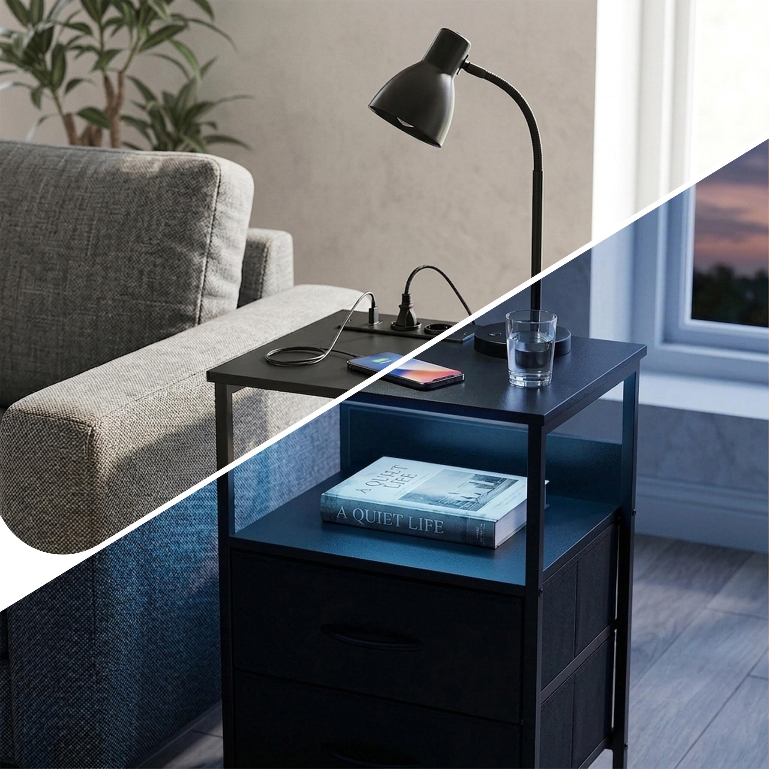 Relaxdays Stolik nocny z LED, gniazdami i USB, 2 szuflady, 60 x 40 x 30 cm, czarny
