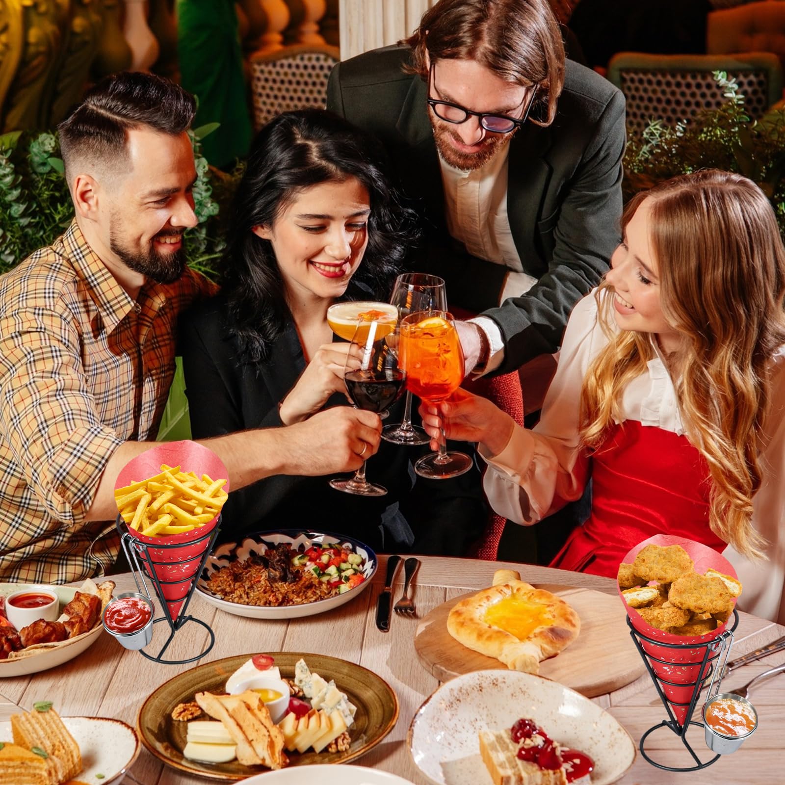 DNAMYJME 3Pcs French Fries Stands with Sauce Dipper Rustproof Cone Basket Fry Holder Metal Reusable Snack Fries Wire Rack for Restaurant Party Supplies