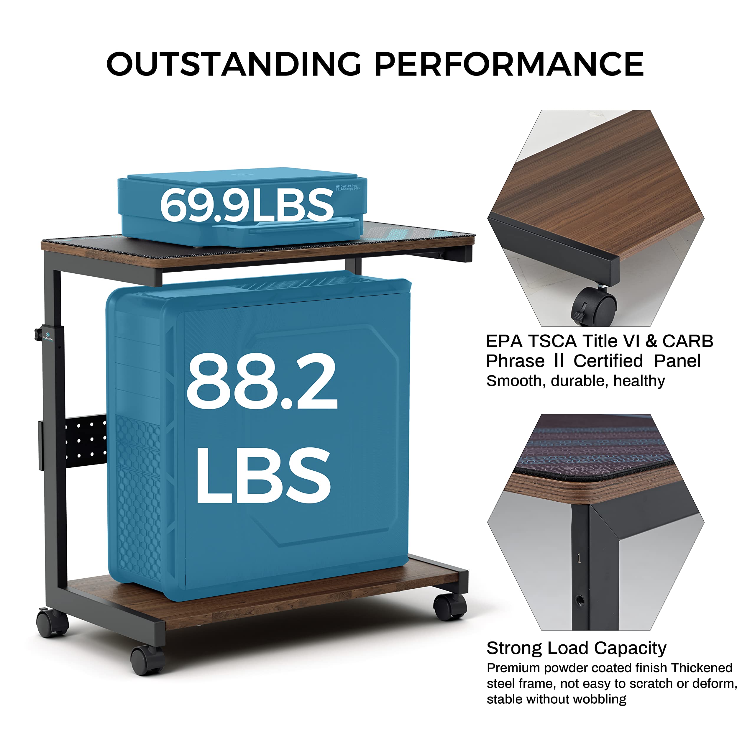 EUREKA ERGONOMIC Computer Tower Stand, Height Adjustable PC Stand,2-Tier ATX-Case CPU Holder Home Office Gaming Accessories with Rolling Wheels & Mouse Pad, Walnut Wood