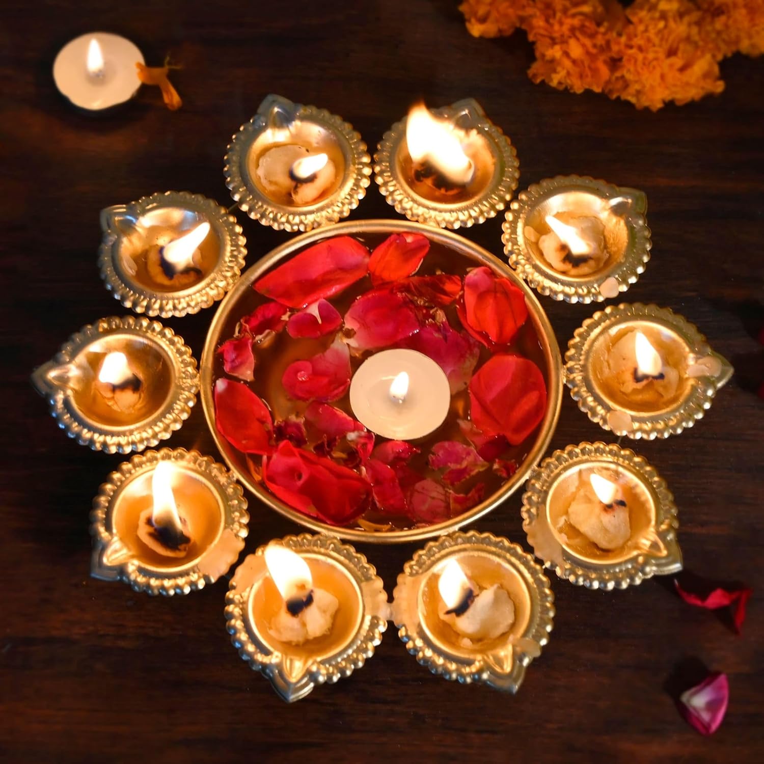 LOVENSPIRE Urli Bowl Brass Finished Diya Shape Flower Decorative Urli Bowl for Floating Flowers Tea Light Candles Home Office Table Decor Diwali Decoration Indian Showpiece Items (10 Diyas)
