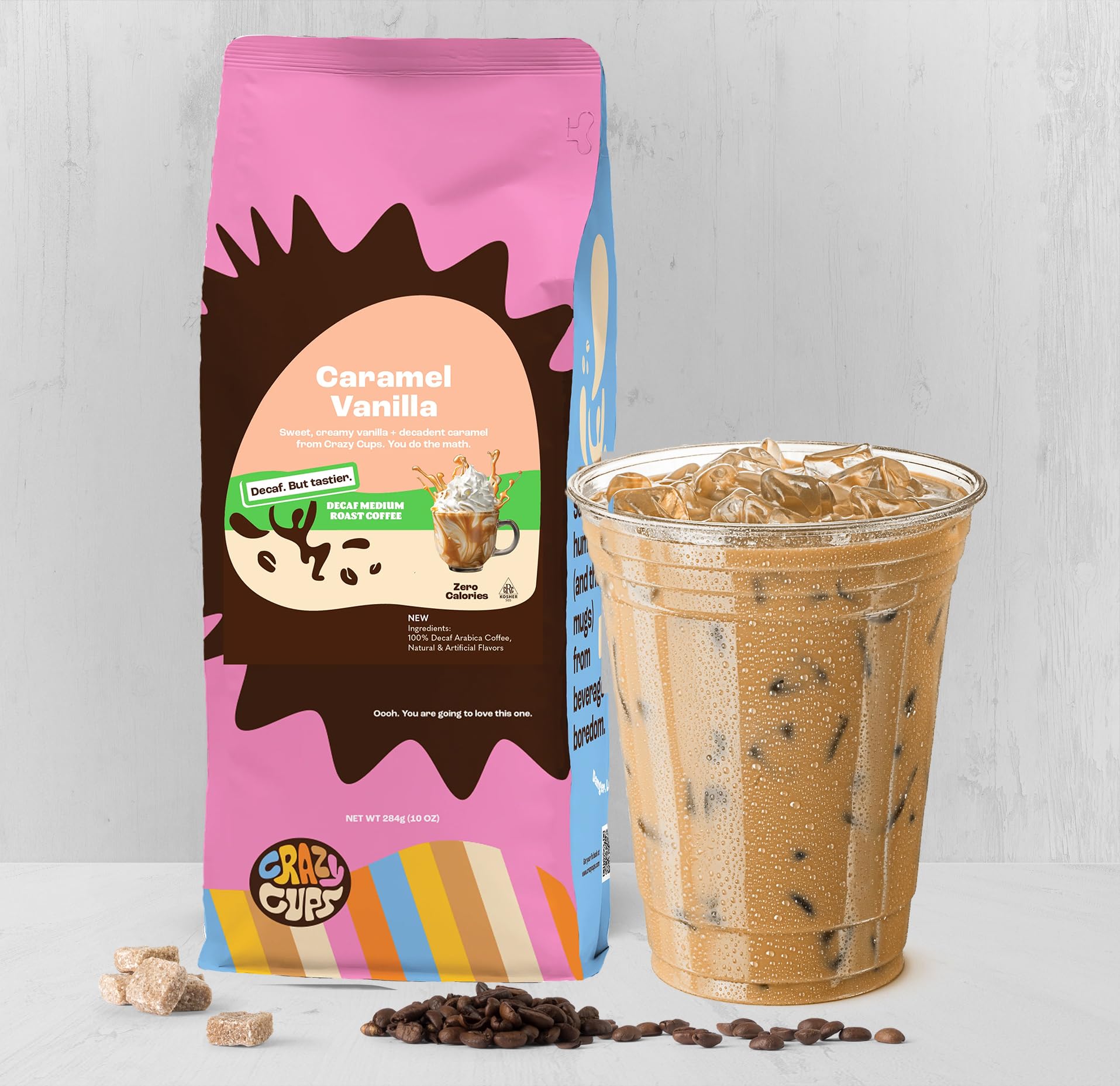 Crazy Cups Café moulu au goût décaféiné, caramel et vanille, en sachet de 284 ml, pour infuser du café chaud aromatisé ou décaféiné