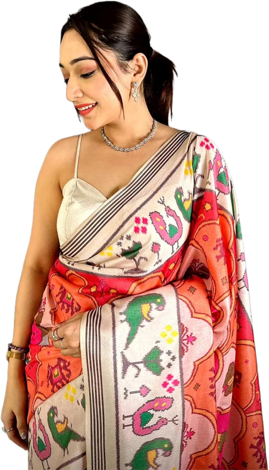 Classic Soft Tussar Silk Pochampally Saree for Women, Traditional Ikat Printed Saree with Multicolor Ethnic Design