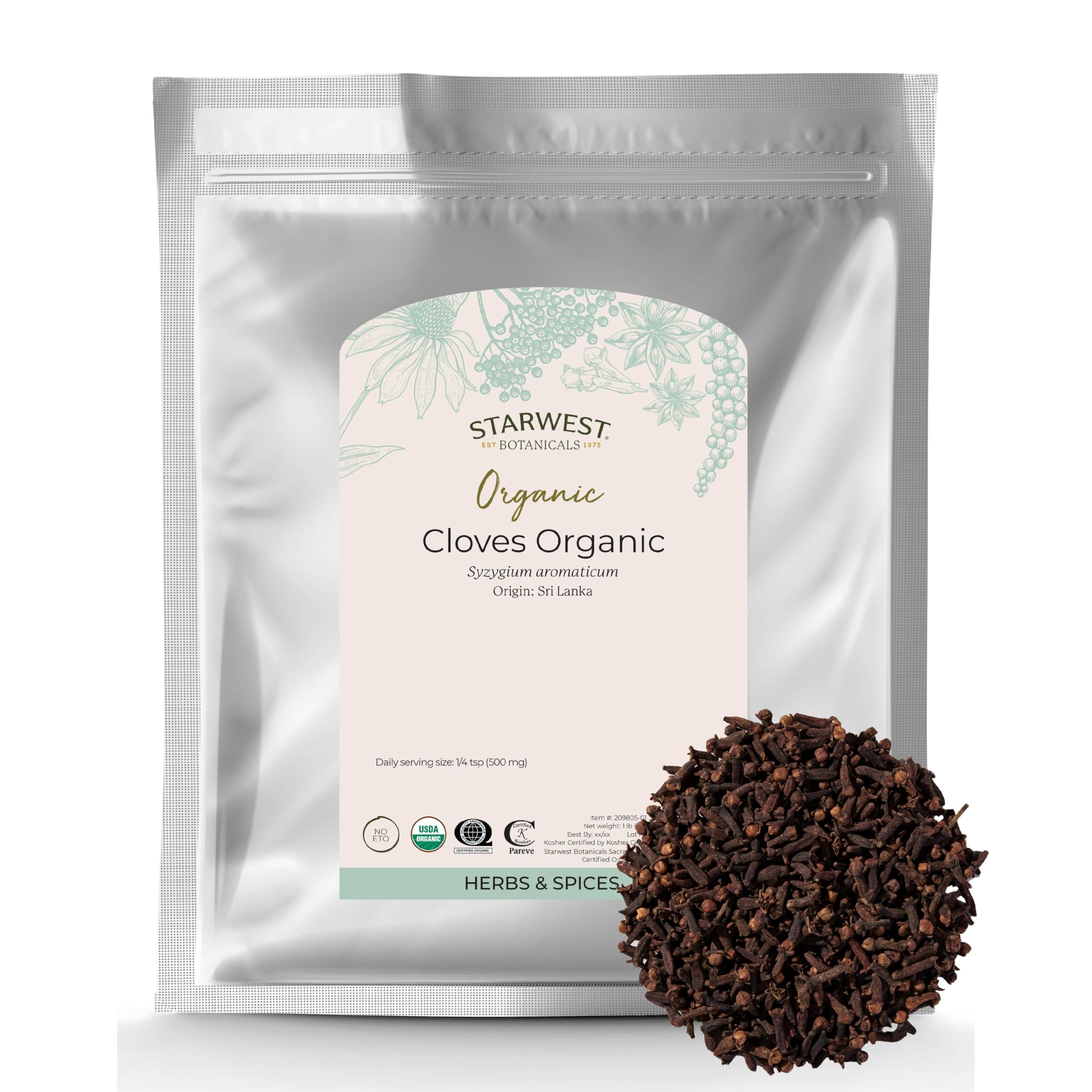 Organic Cloves Whole - Dried Spice for Seasoning, Tea, Baking, & Cooking, Natural Source of Antioxidants & Magnesium, Certified Kosher, Non-GMO - Bulk 1 lb Bag