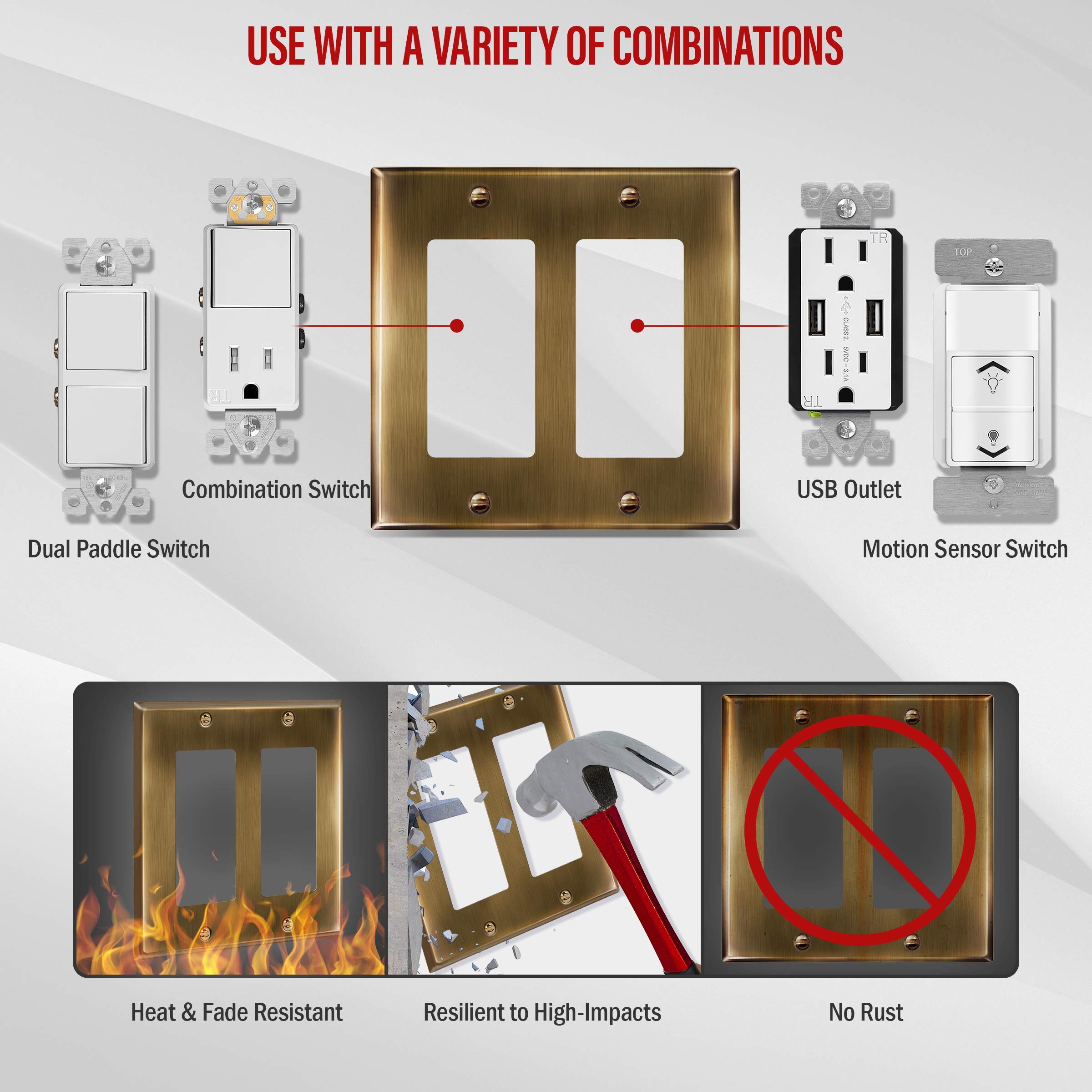 ENERLITES Plaque Murale En Métal Pour Interrupteur à Double Bascule, Résistante à La Corrosion, Taille Standard 2 Voies 11,4 X 11,6 Cm, Acier Estampé Avec Revêtement En Poudre, 7712-WM, Blanc Mat (lot