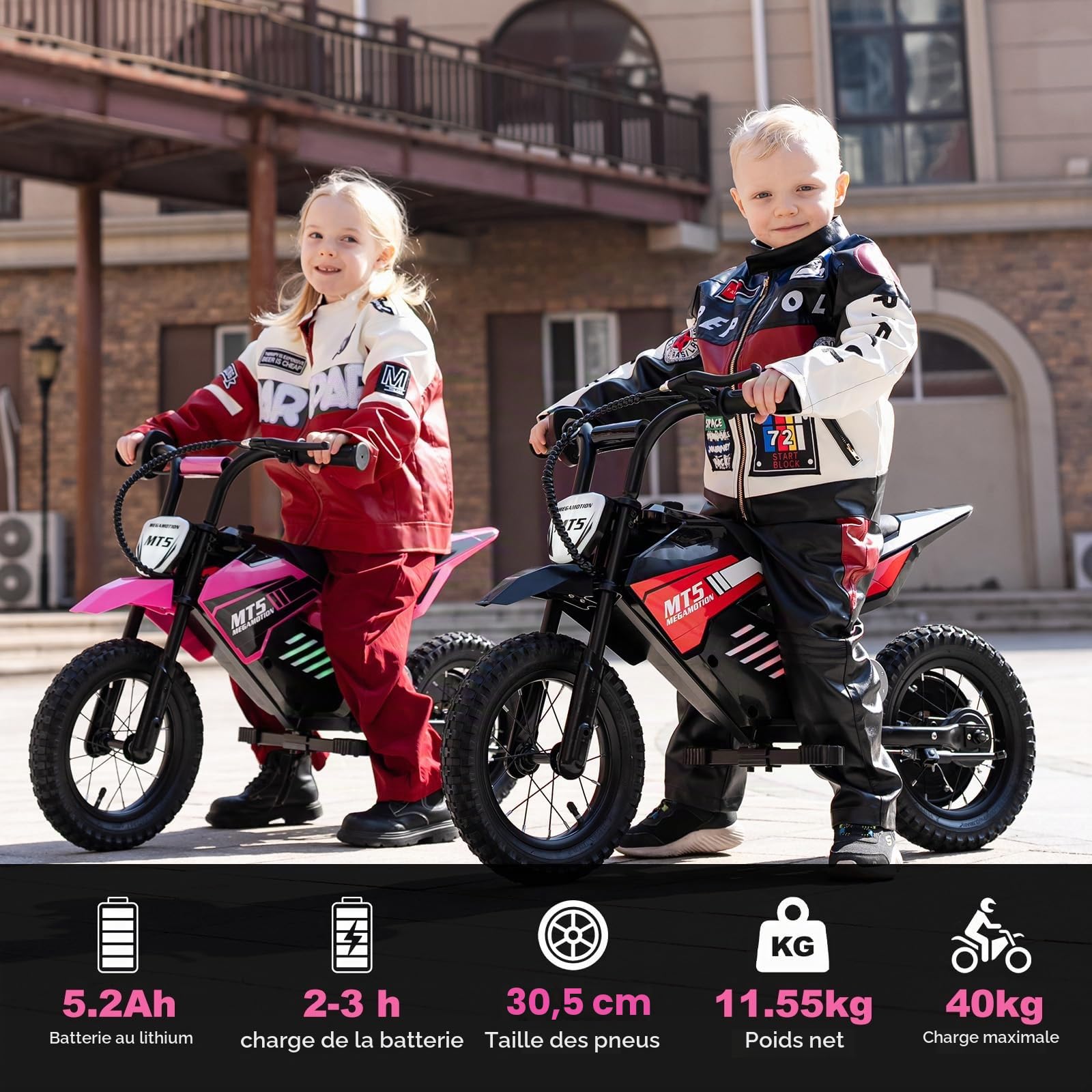 Moto Électrique Enfant 150W, 2 Vitesses 8/16 km/h, Batterie 5,2Ah, Autonomie Jusqu’à 15 km, Pneus Gonflables 12 Pouces, Frein à Tambour, Lumières LED, Charge Max 40 kg