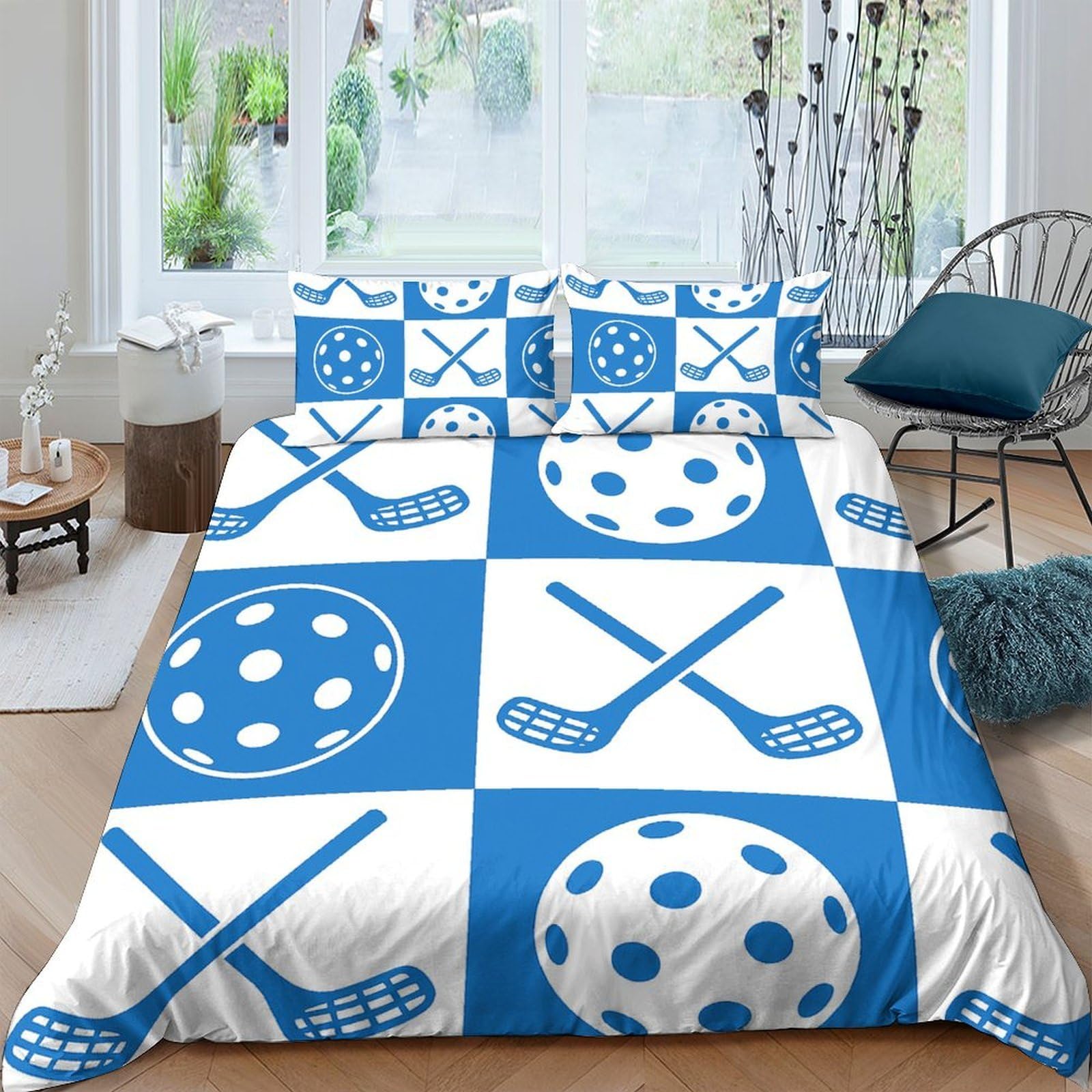 Ctjqhvkz Style-4 3D Printed Blue Hockey Stick Fitted Sheet Microfiber Soft Breathable Floorball Bed Cover For Bedroom Decor Single（135X200cm）