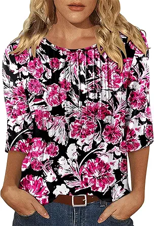 KISSMODA Tunic Tops for Women Loose Fit Dressy Round Neck Pleated 3/4 Length Sleeve Spring Tops