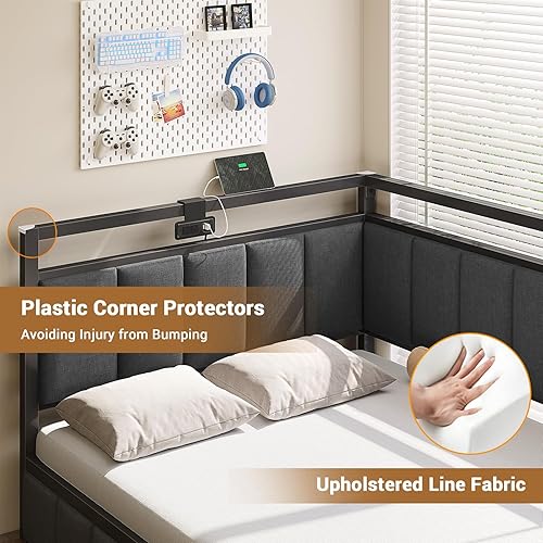 Miniatura 9 de Hasuit Base de cama esquinera con cajones de almacenamiento, sofá cama individual XL con valla tapizada de tela de línea, unidad de cama para niños