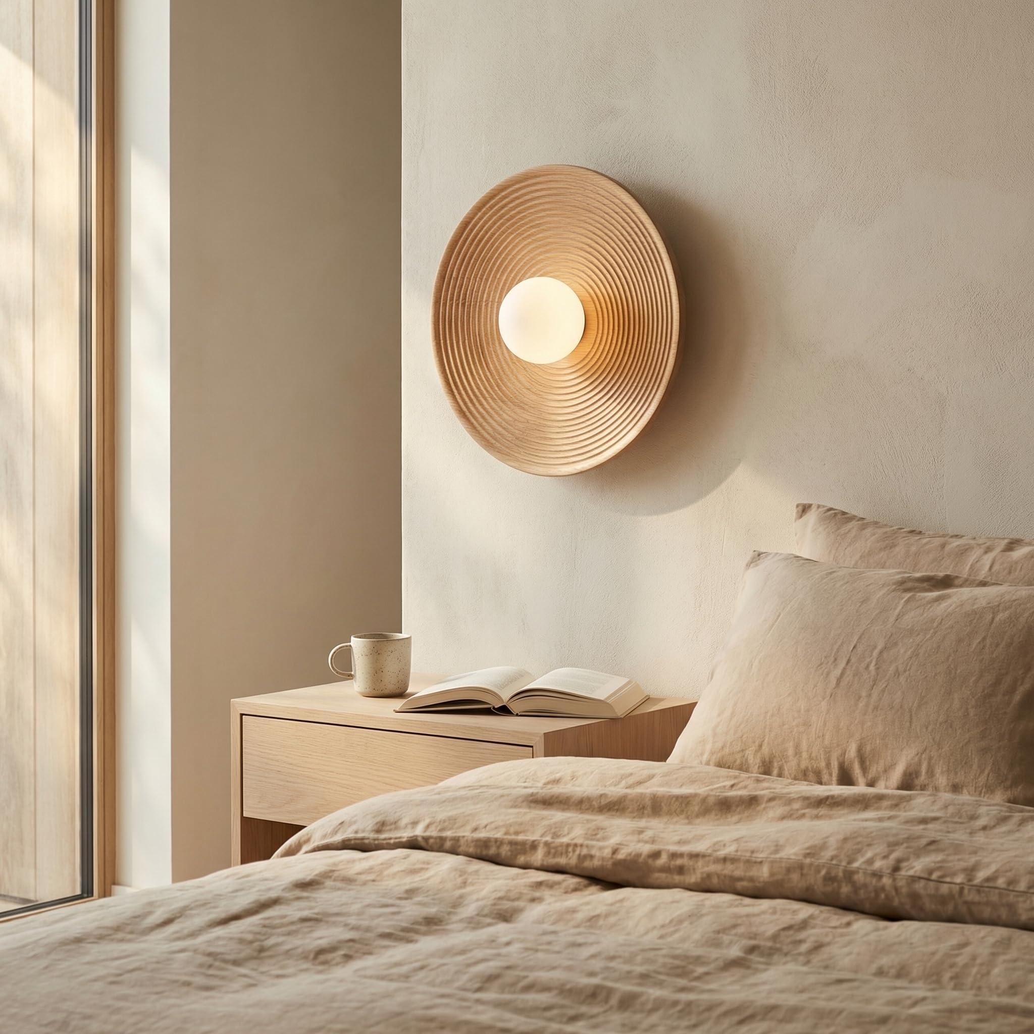 BARCELONA LED Applique da Parete in Legno Rotonda Ø28cm con Sfera in Vetro Bianco G9, Lampada da Muro Stile Nordico Japandi Vintage Industriale, per Camera Salotto Ufficio Scala Ristorante Bar