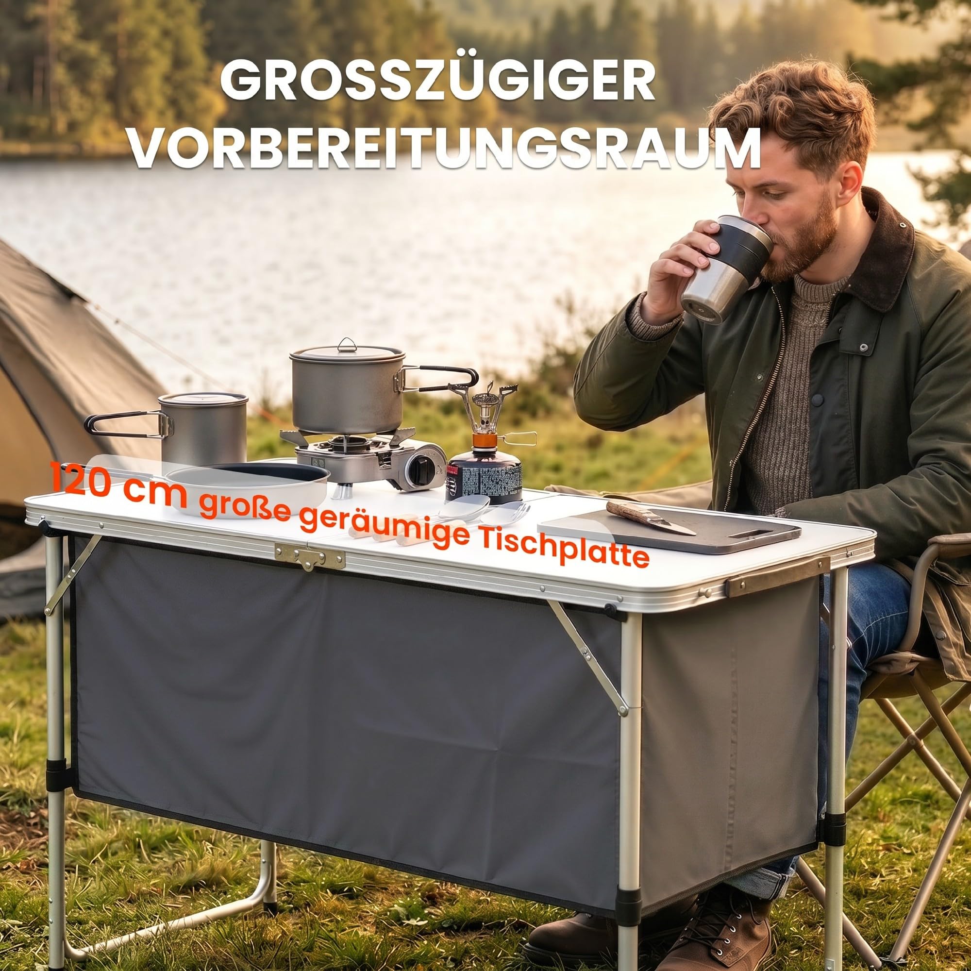 Outsunny Camping Küche Faltbar Campingschrank Aluminiumgestell Silber | Arbeitsplatte und Staufach, Outdoor Küchenschrank, für Reisen