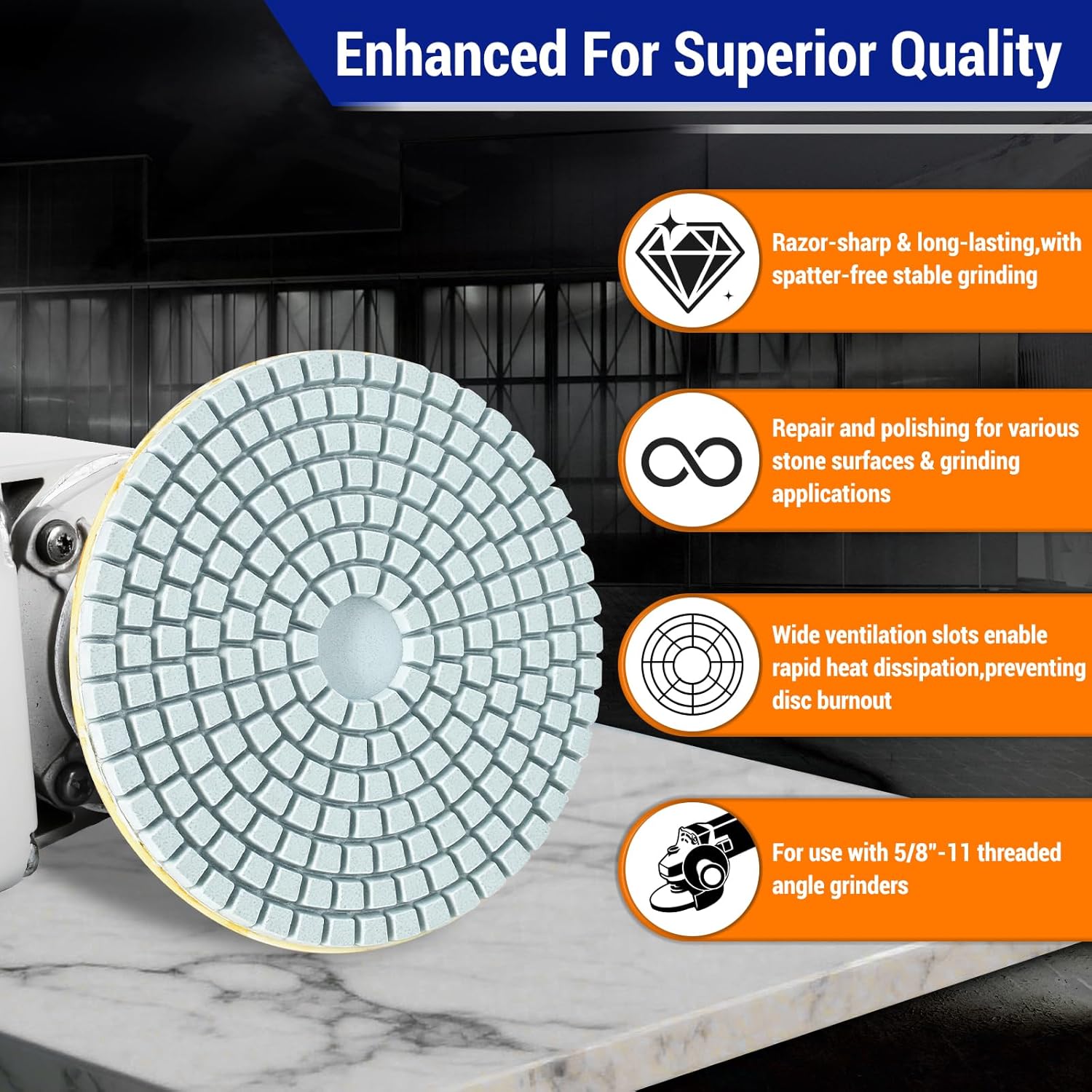 1PCS 4 Inch Diamond Polishing Disc with 5/8''-11 UNC Monoblock Design, Wet/Dry Granite Polishing for Electric Drill, Angle Grinder, 150 Grit Polishing for Marble, Concrete, Quartz, Stone