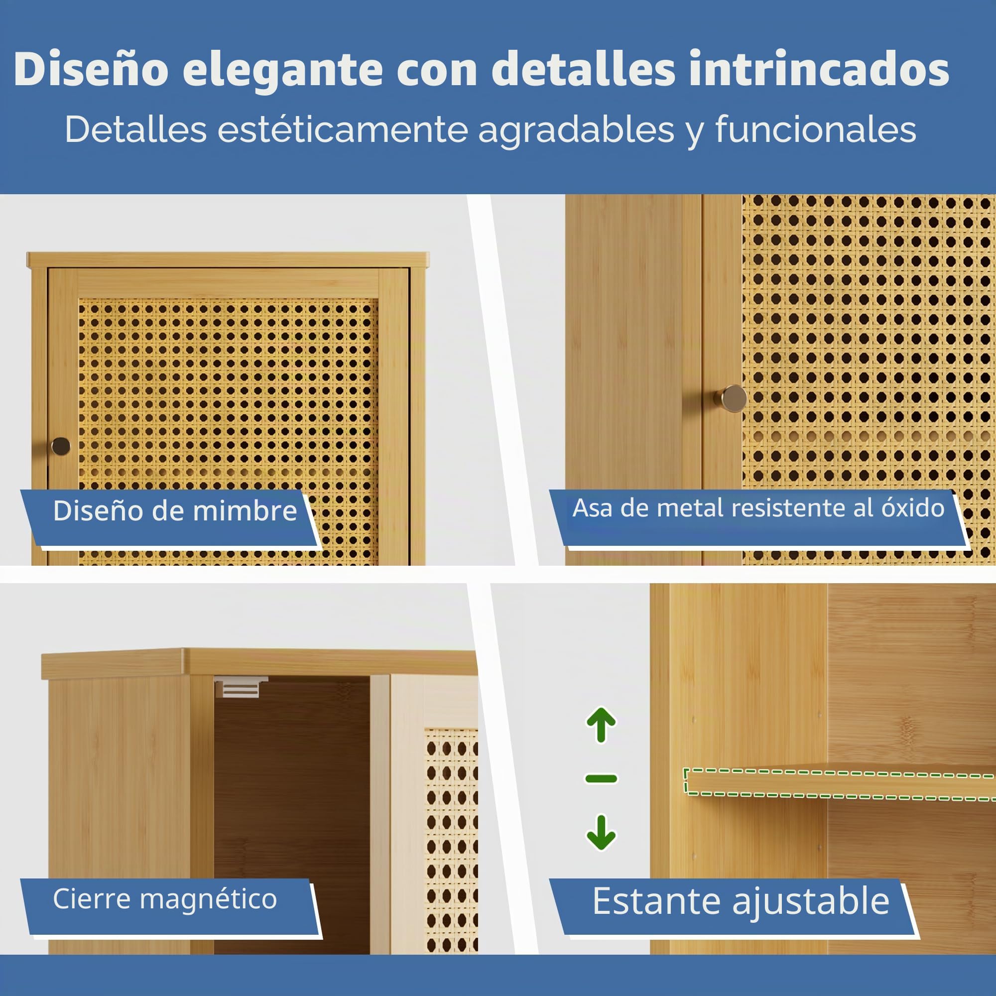 HITNET Armario Baño Pared en Ratán, Mueble Colgante de Bambú, Gabinete de Almacenamiento Suspendido con Compartimento Abierto y Estante Ajustable, para Salón, Pasillo y Cocina, Color Natural
