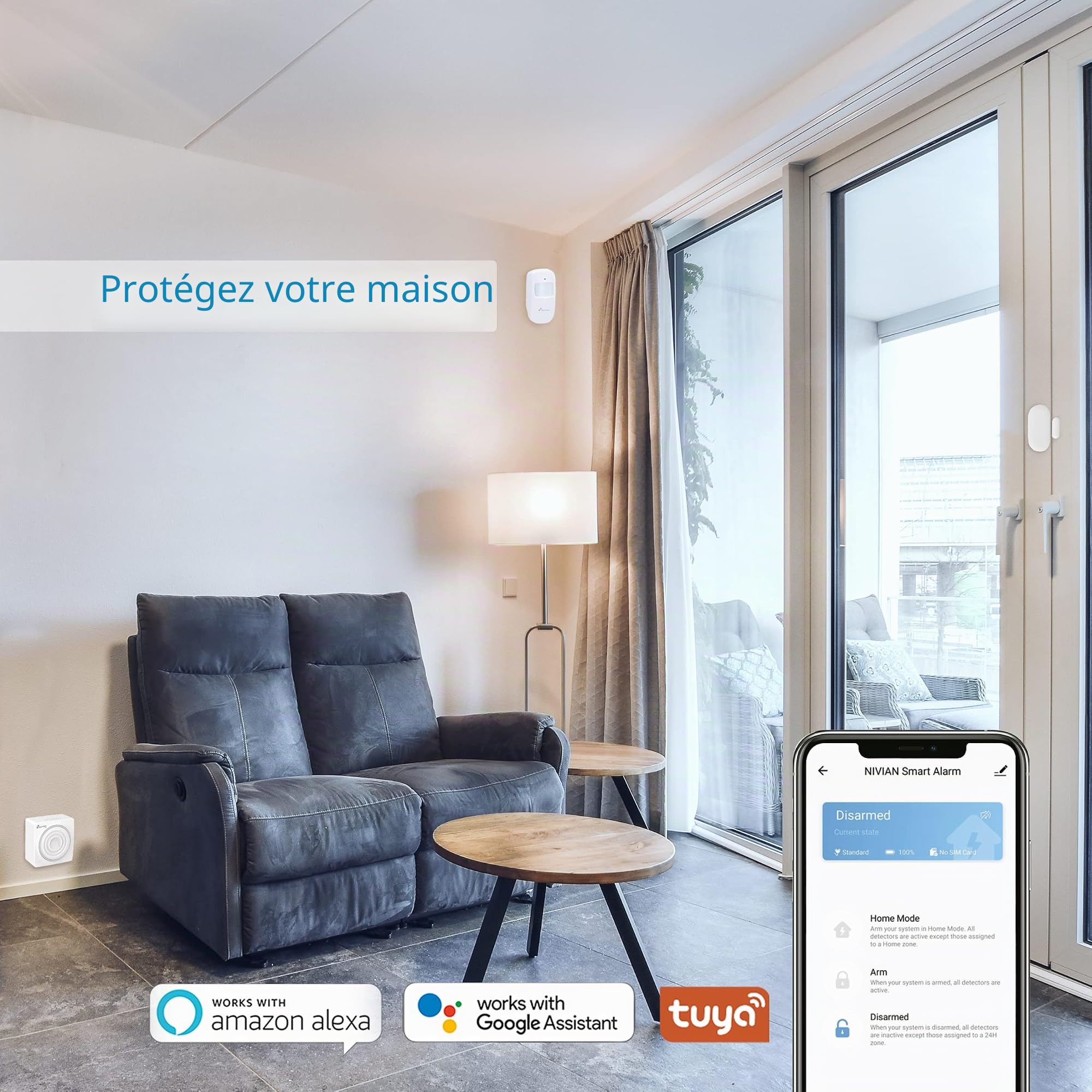 Système d'alarme Nivian pour la Maison et l'entreprise sans Frais mensuels | Kit d'alarme WiFi avec télécommande Via l'application Tuya | Fonction SOS | Installation Facile sans câbles